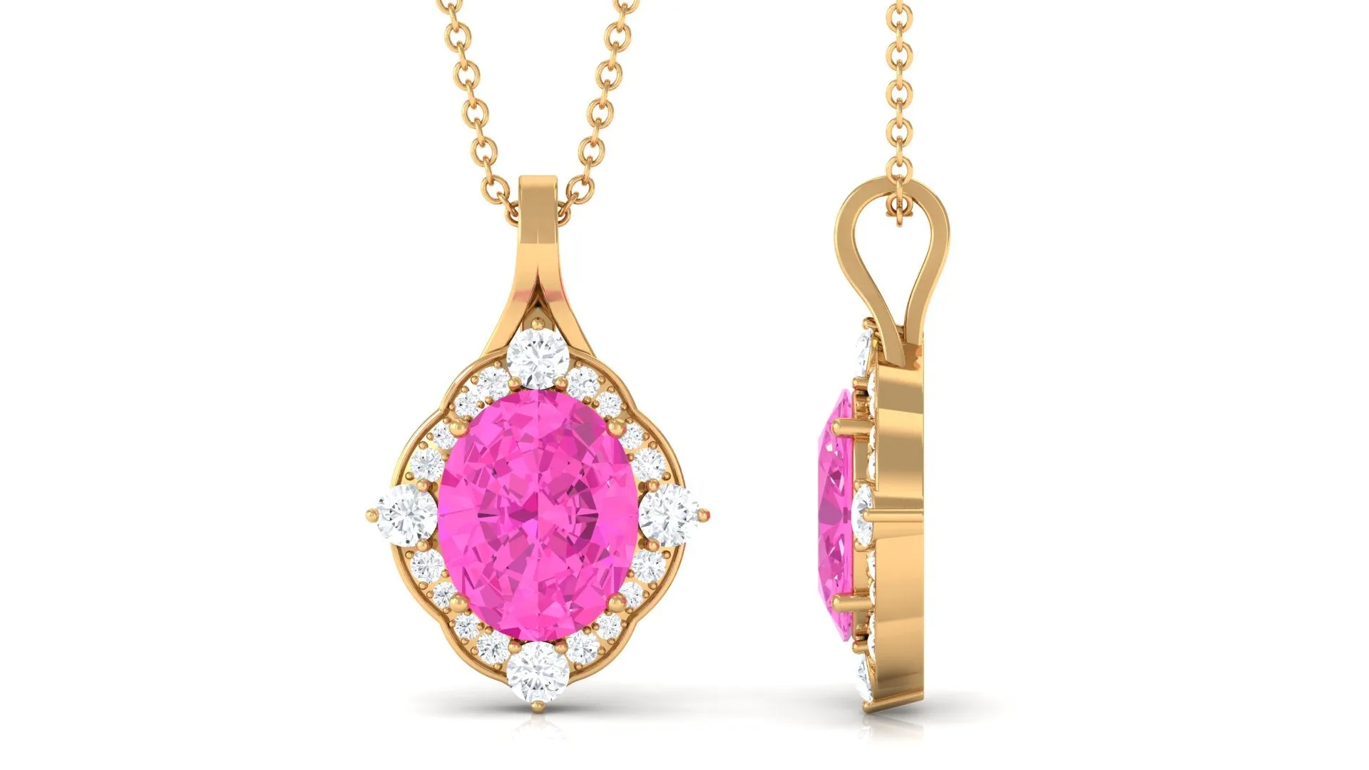 Oval Created Pink Sapphire Vintage Style Pendant with Diamond Halo