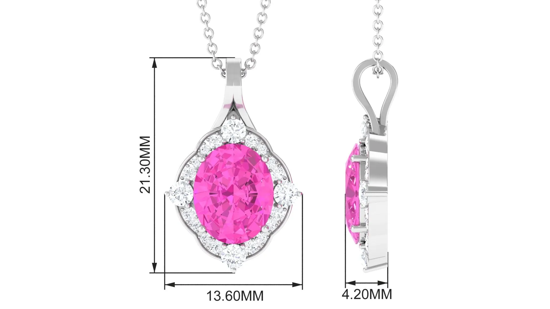 Oval Created Pink Sapphire Vintage Style Pendant with Diamond Halo