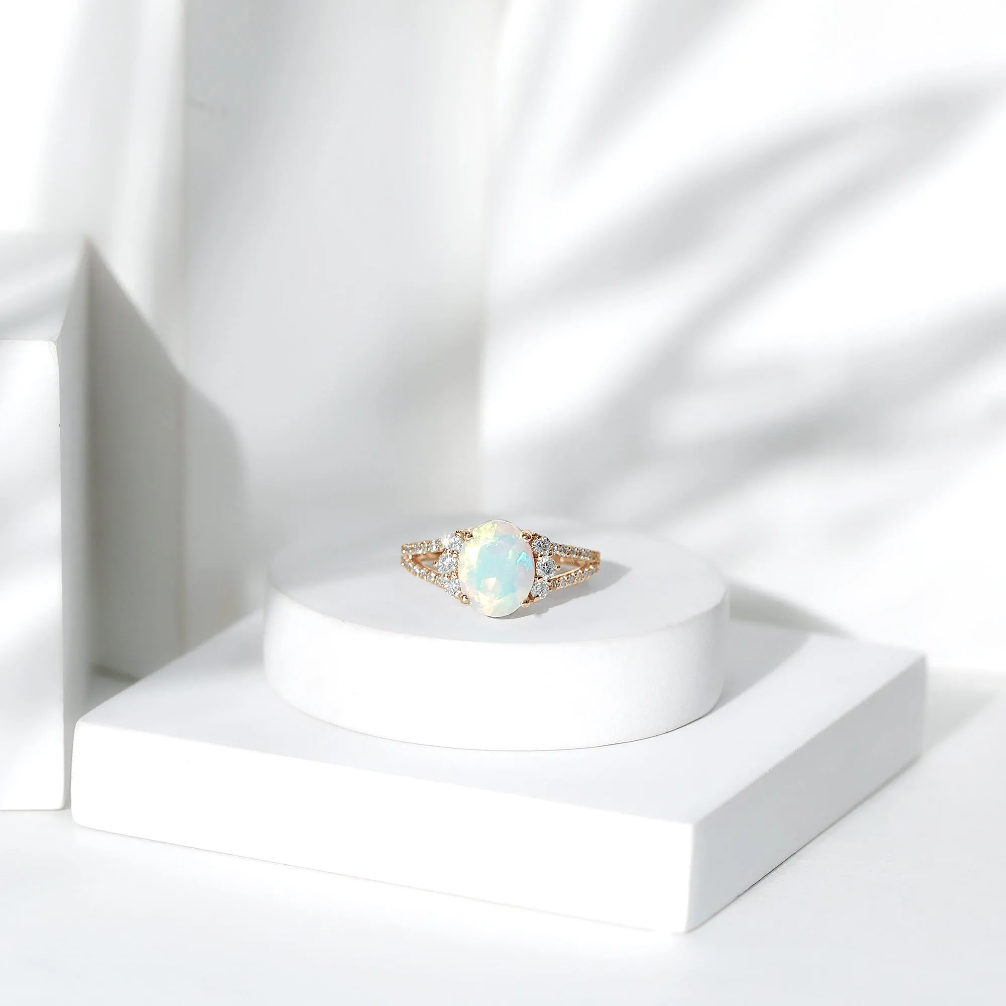 Oval Ethiopian Opal Engagement Ring with Diamond Split Shank