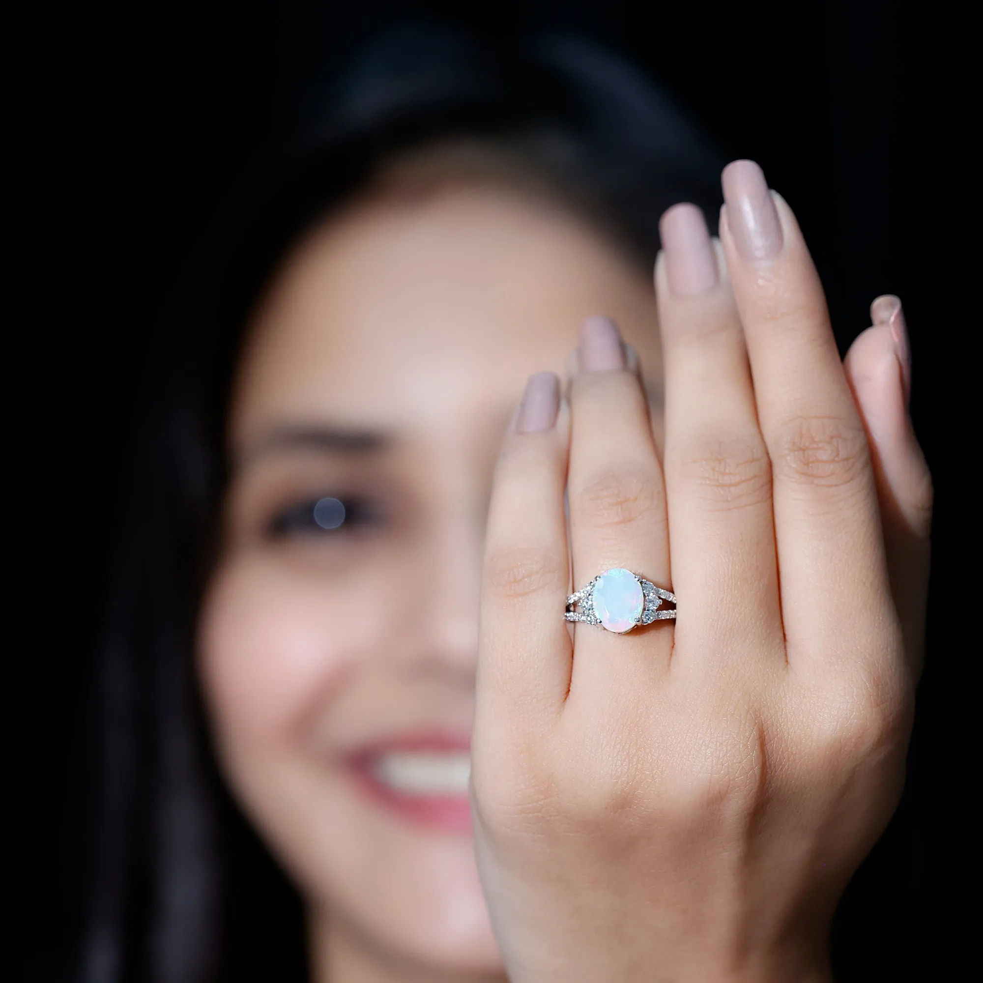 Oval Ethiopian Opal Engagement Ring with Diamond Split Shank