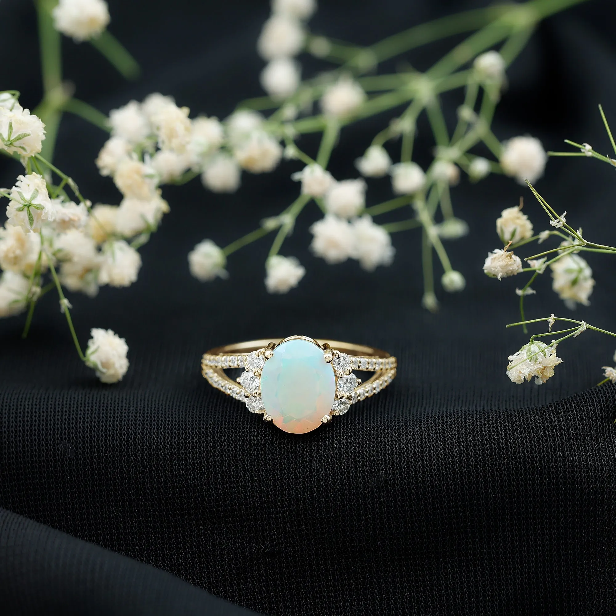 Oval Ethiopian Opal Engagement Ring with Diamond Split Shank