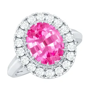 Oval Lab Grown Pink Sapphire Vintage Style Ring with Moissanite Halo