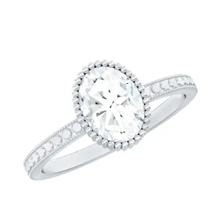 Oval Shape Moissanite Solitaire Engagement Ring with Beaded Detailing