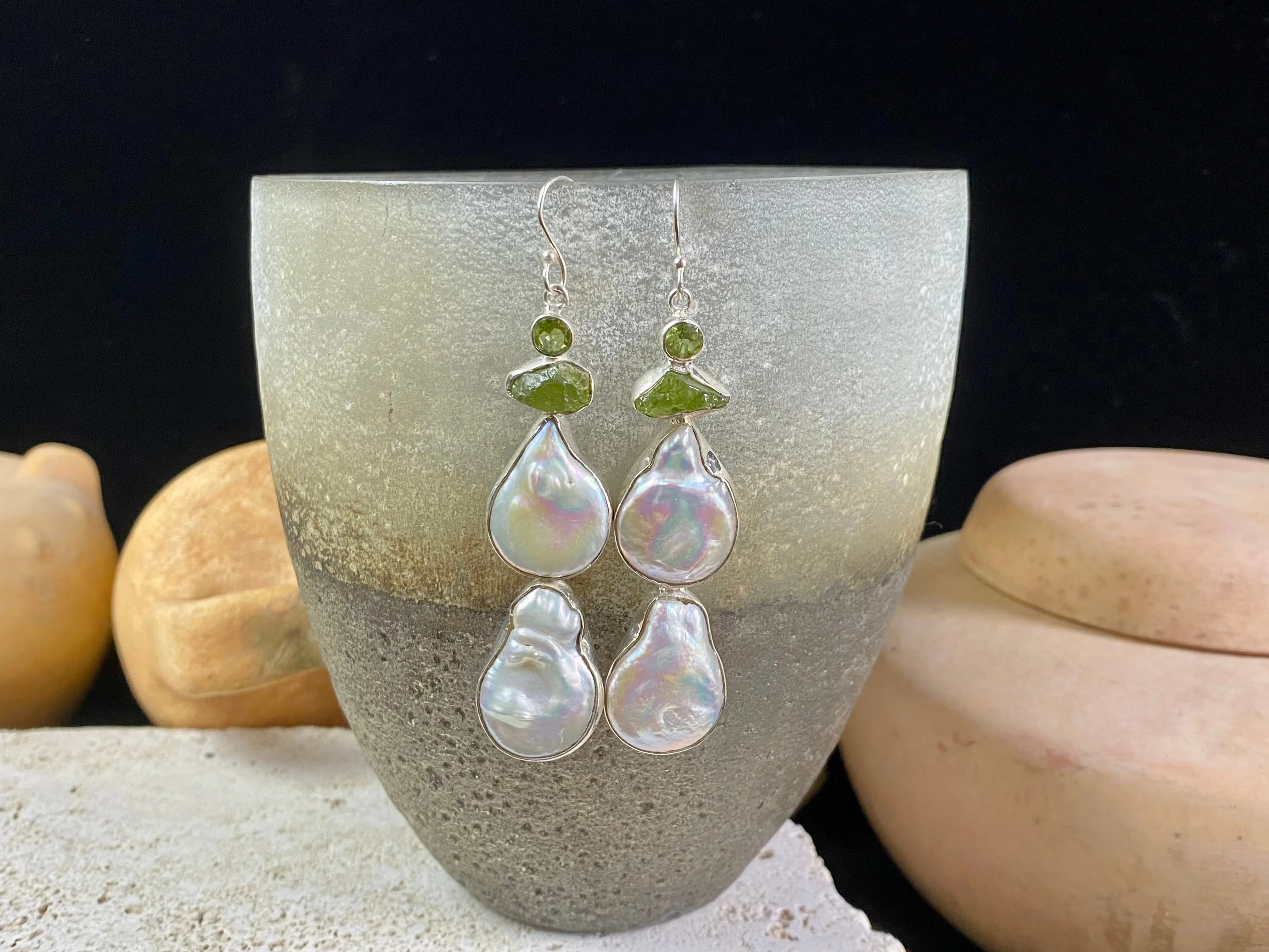 Peridot and Pearl Long Earrings