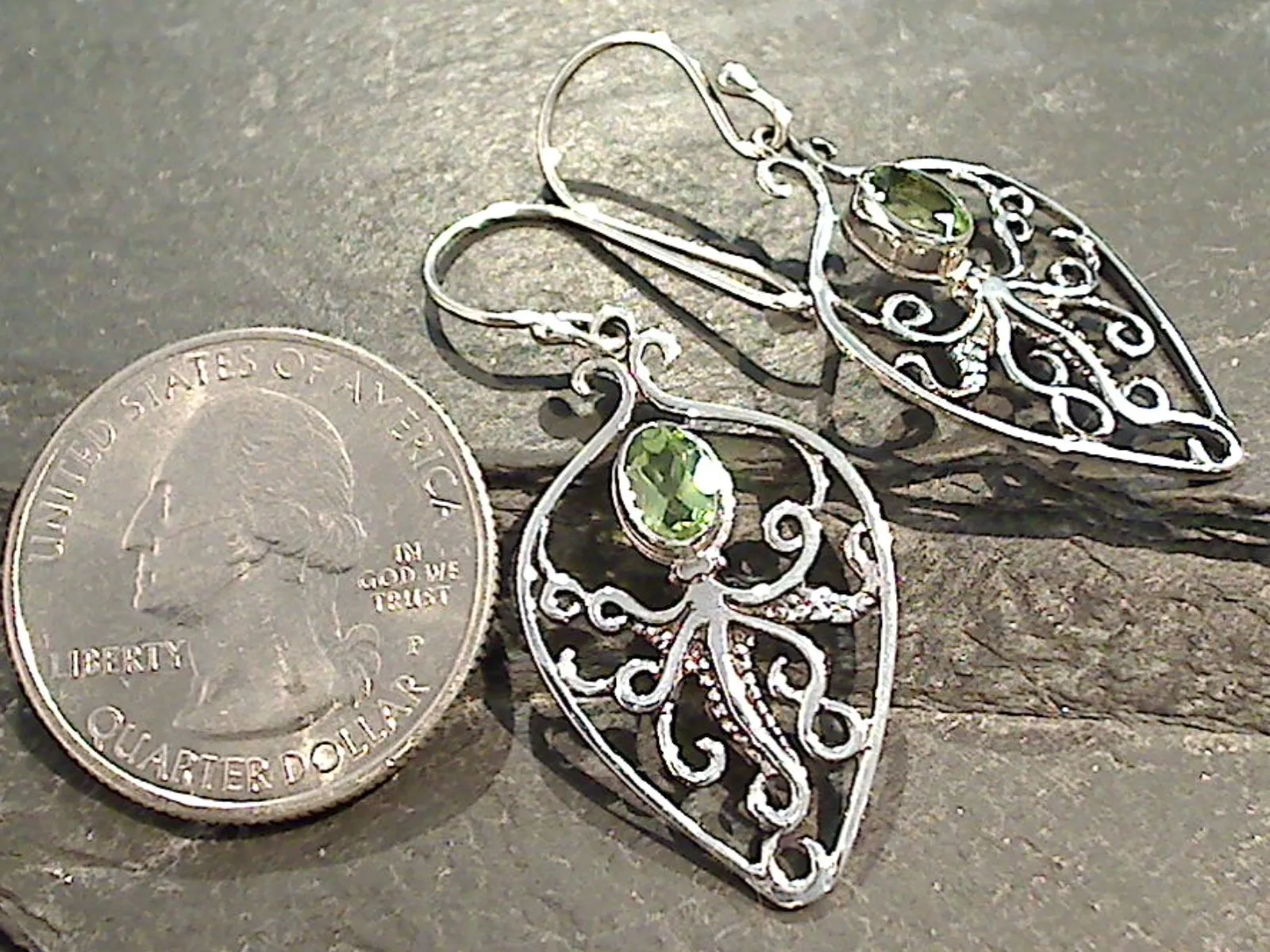 Peridot, Sterling Silver Octopus Earrings