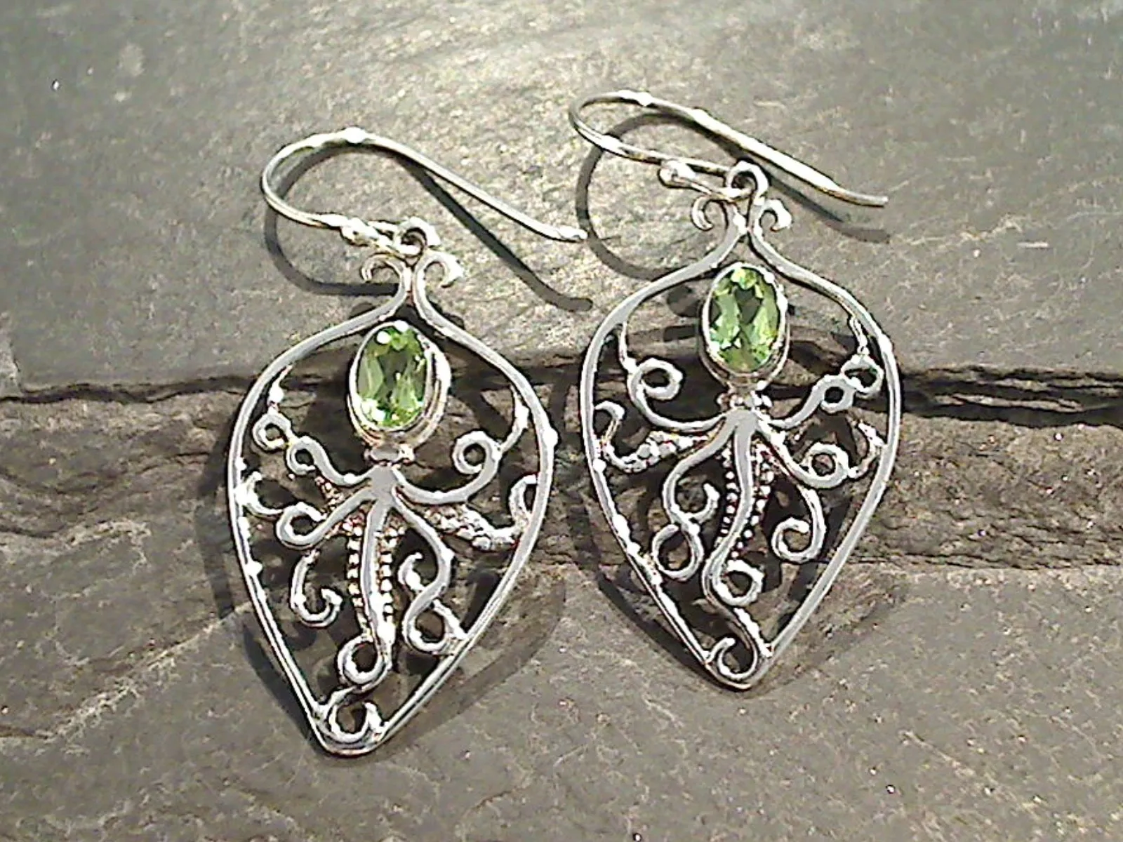 Peridot, Sterling Silver Octopus Earrings