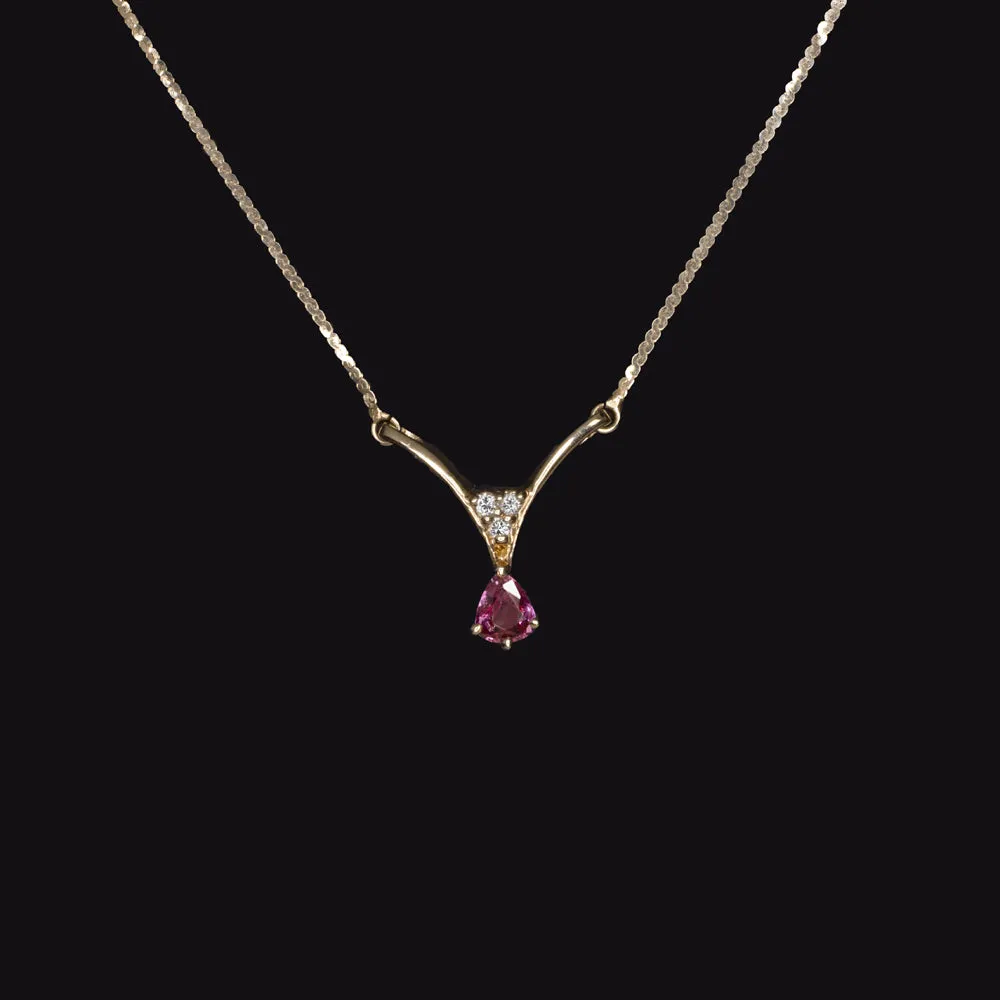 PINK SAPPHIRE DIAMOND NECKLACE V SHAPE PENDANT 14k YELLOW GOLD DAINTY PEAR CUT