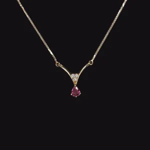 PINK SAPPHIRE DIAMOND NECKLACE V SHAPE PENDANT 14k YELLOW GOLD DAINTY PEAR CUT