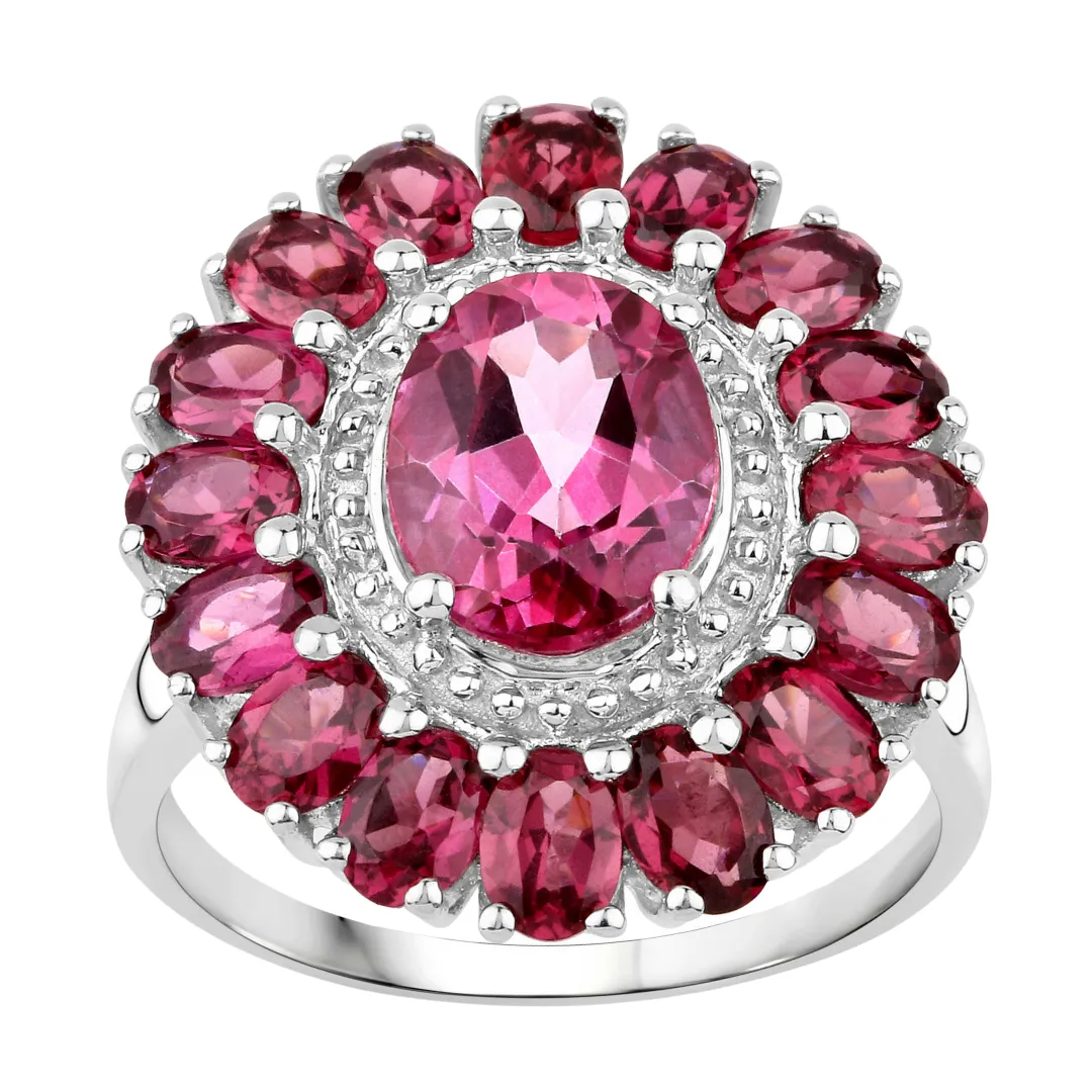 Pink Topaz and Garnet Flower Ring