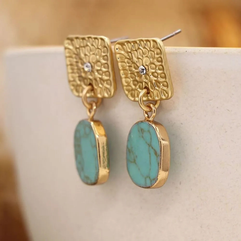 POM Golden Embossed Square and Turquoise Drop Earrings