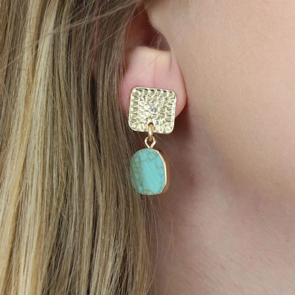 POM Golden Embossed Square and Turquoise Drop Earrings