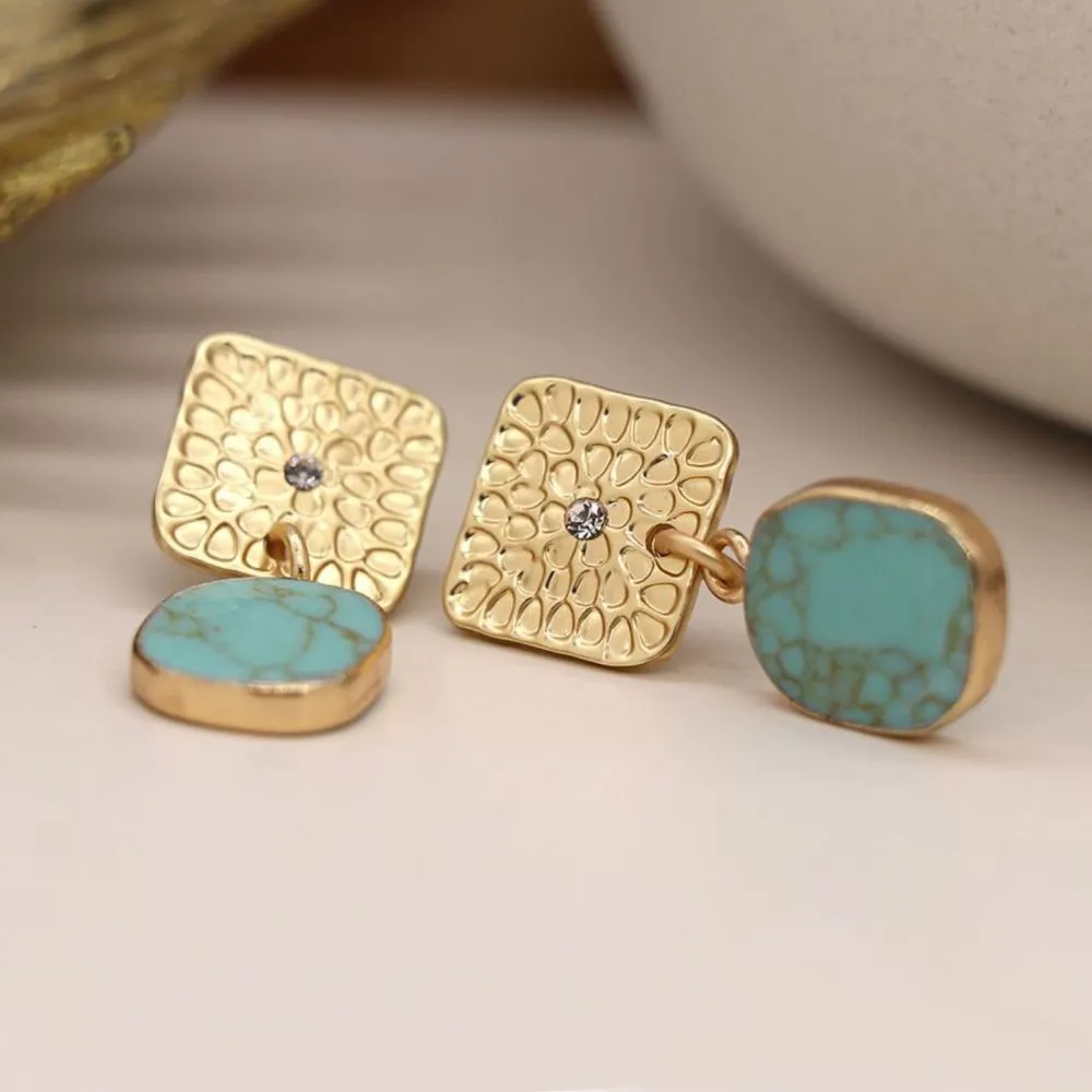 POM Golden Embossed Square and Turquoise Drop Earrings