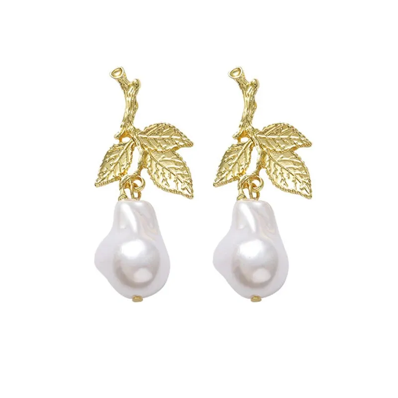 Pre Order:  S925 Silver Needle Vintage Metal Leaf Pearl Earrings