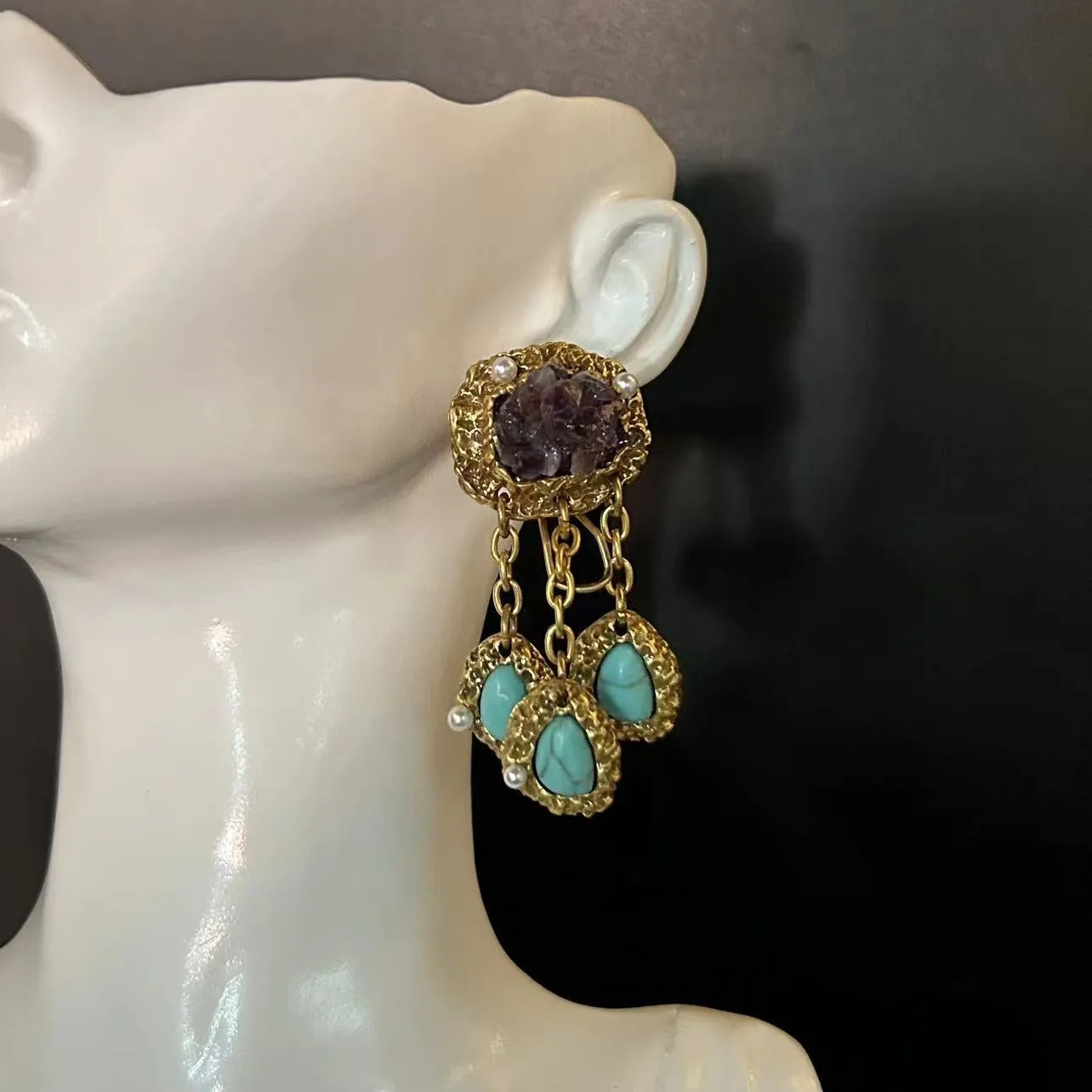 Pre Order:  Vintage Heavy Amethyst Turquoise Tassel Earrings