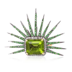 Prong Set Peridot Tsavorite Diamond Sunburst Design Big Cocktail Ring in Silver 14K Gold