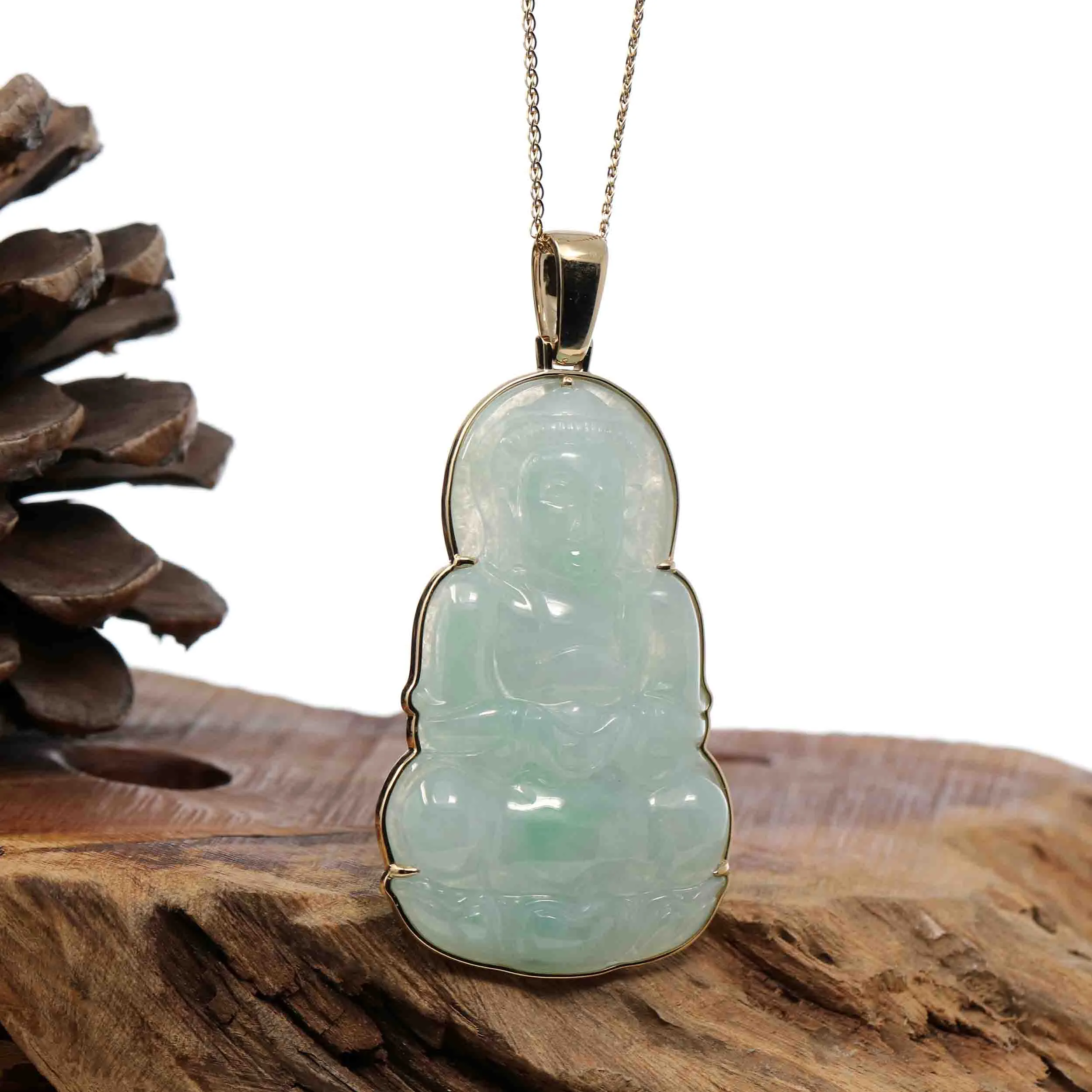 "Goddess of Compassion" 18k Yellow Gold Genuine Burmese Jadeite Jade Guanyin Necklace