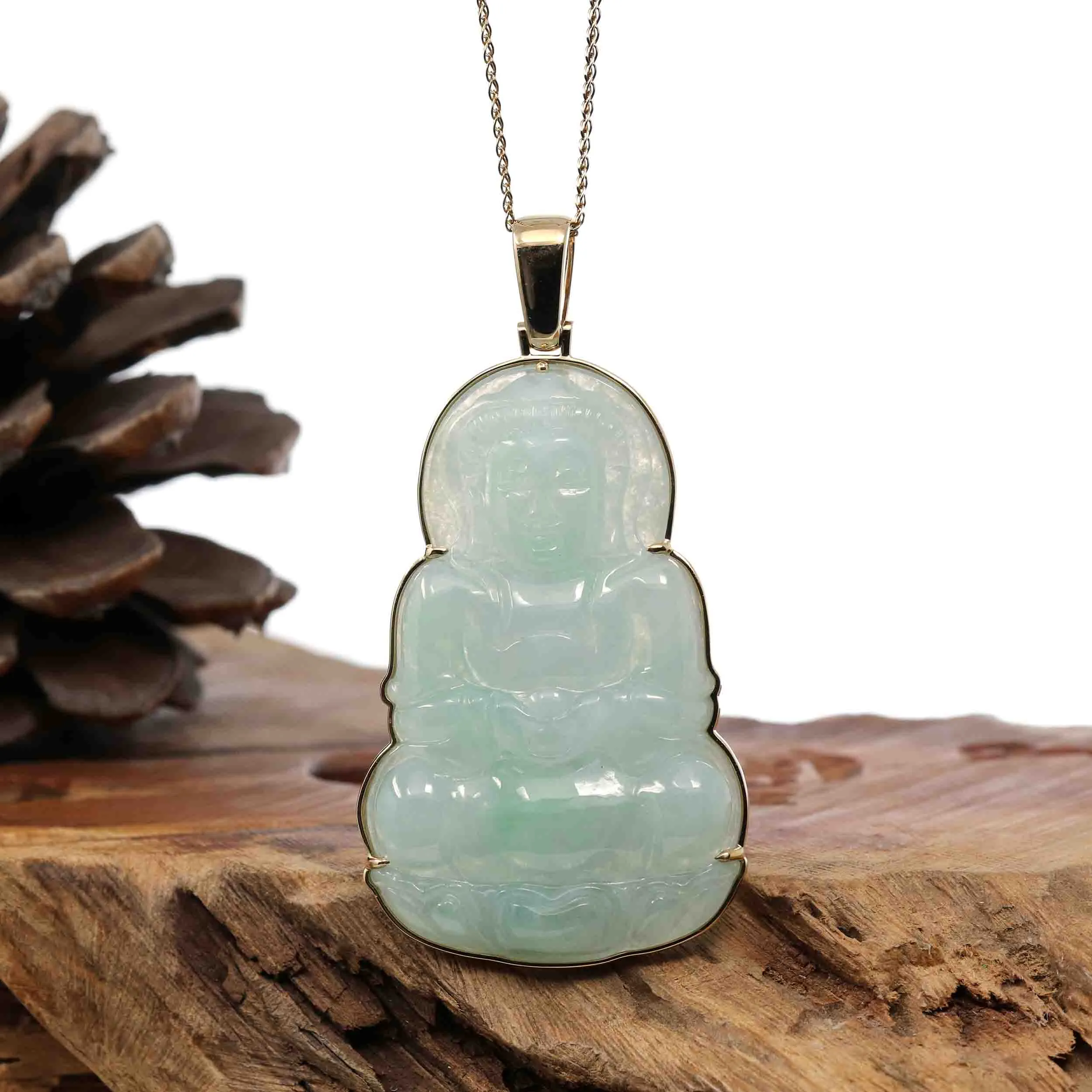 "Goddess of Compassion" 18k Yellow Gold Genuine Burmese Jadeite Jade Guanyin Necklace