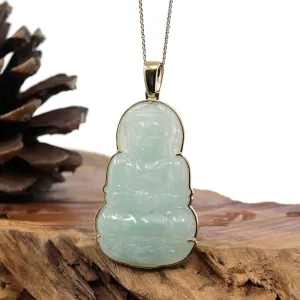 "Goddess of Compassion" 18k Yellow Gold Genuine Burmese Jadeite Jade Guanyin Necklace