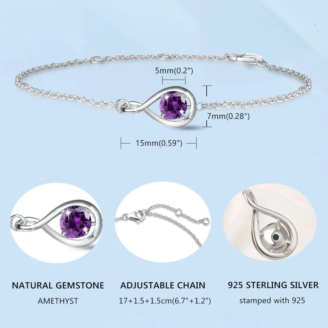 "Infinite Embrace" February Birthstone Amethyst Infinity Symbol Sterling Silver Bracelet