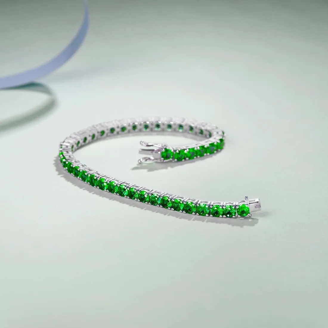 "Royal Fortune" Green Emerald Tennis Sterling Silver Bracelet