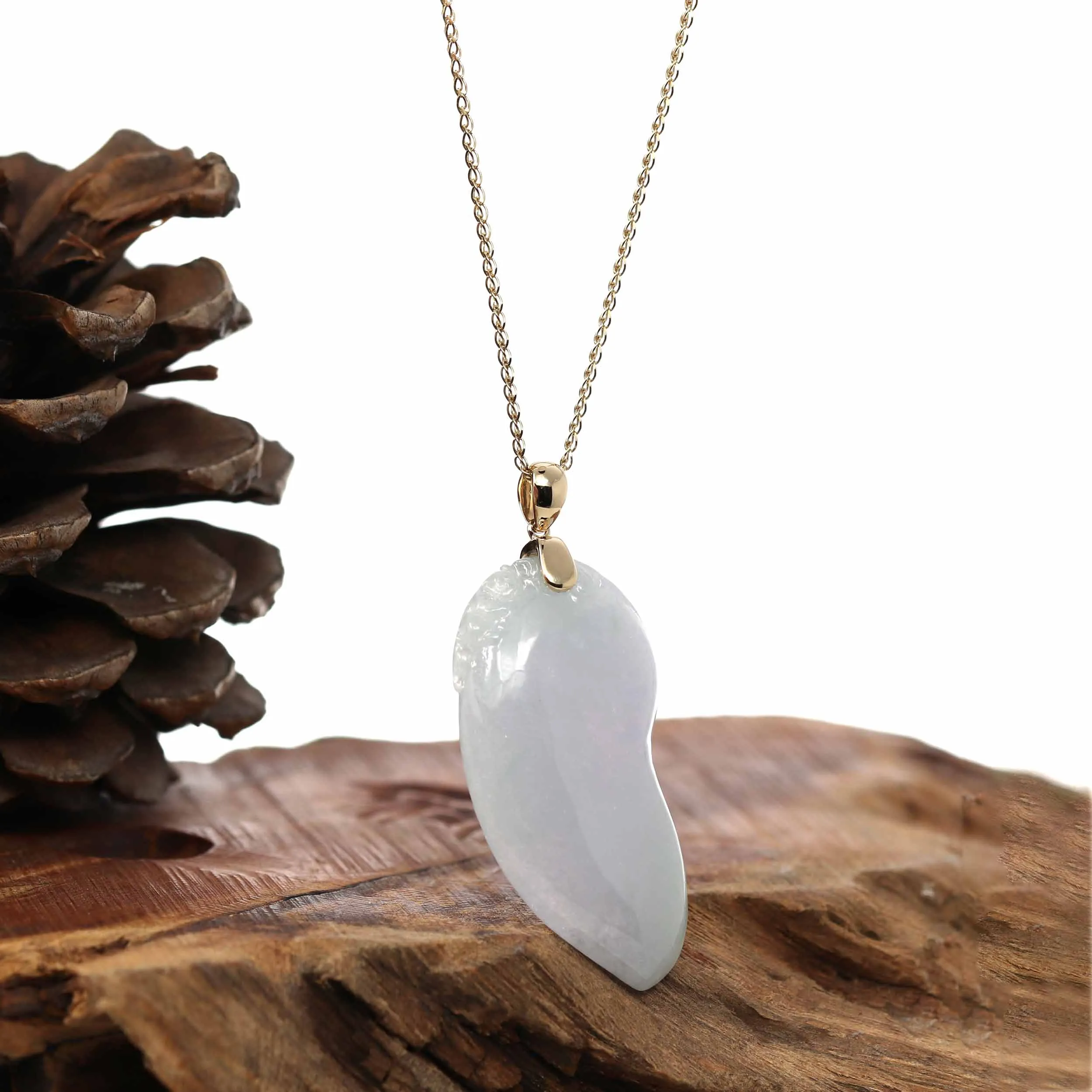 "Shou Tao" (Longevity Peach) Natural Ice Lavender Jadeite Jade, Necklace With 14k Yellow Gold Bail