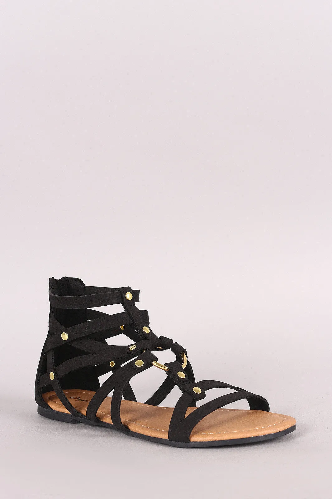 Qupid Nubuck O-Ring Strappy Gladiator Flat Sandal