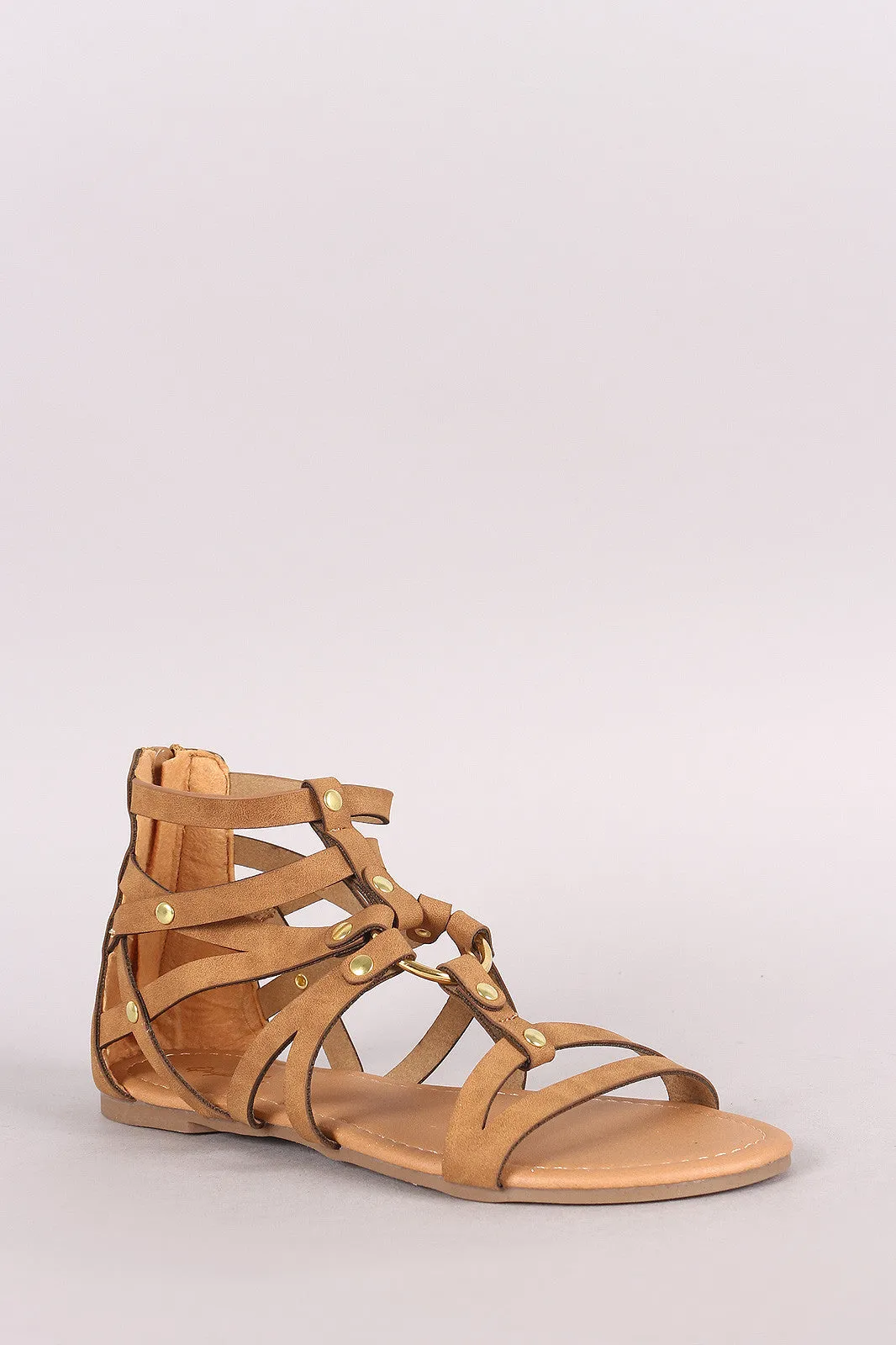 Qupid Nubuck O-Ring Strappy Gladiator Flat Sandal