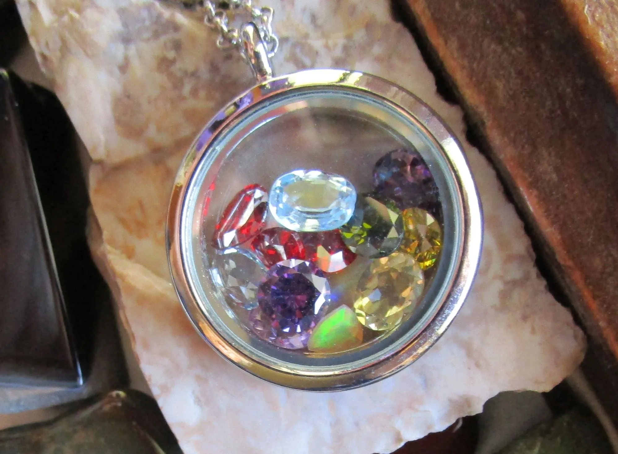 Rainbow Gemstones Double Sided Floating Locket Pendant Necklace