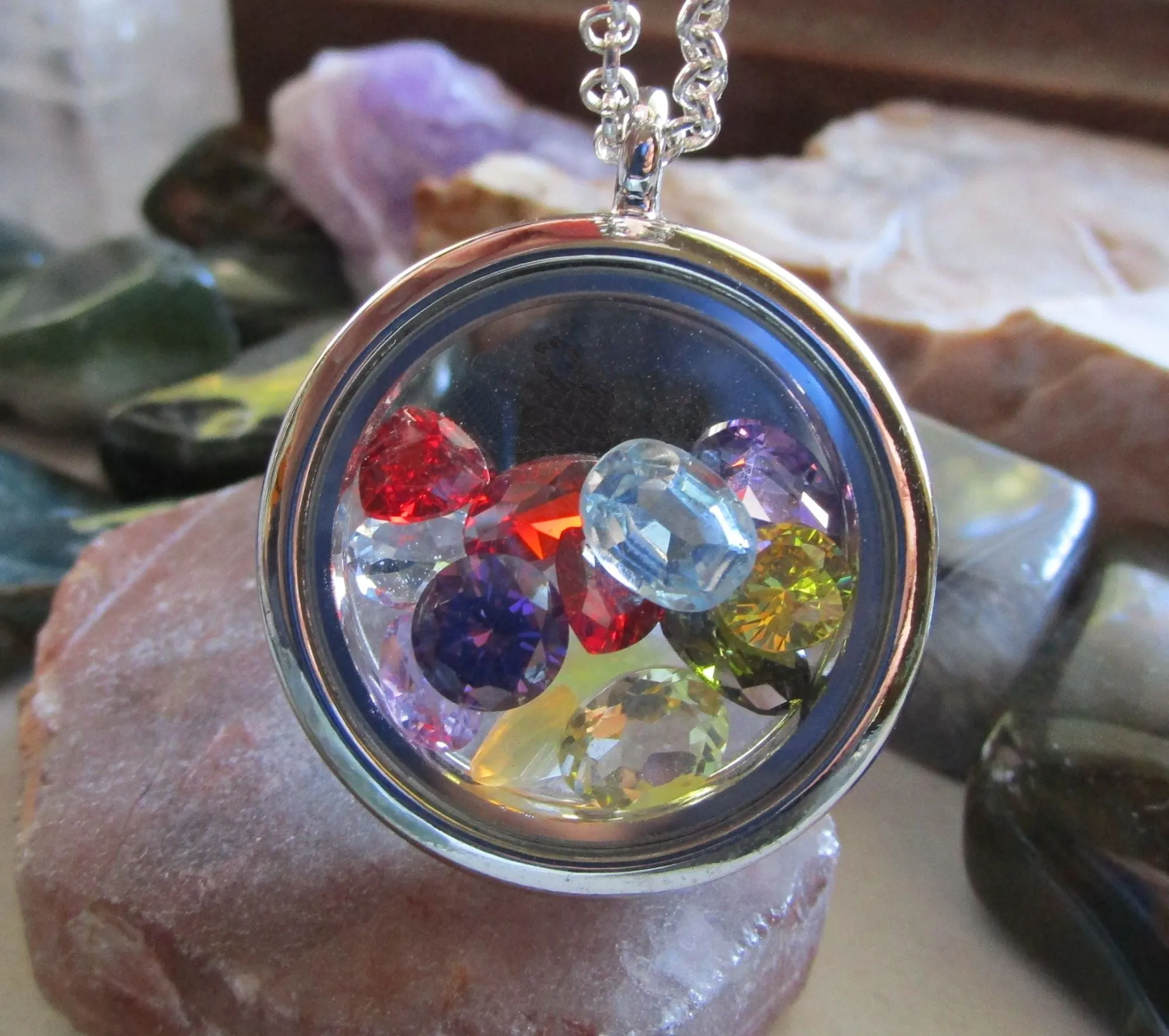 Rainbow Gemstones Double Sided Floating Locket Pendant Necklace