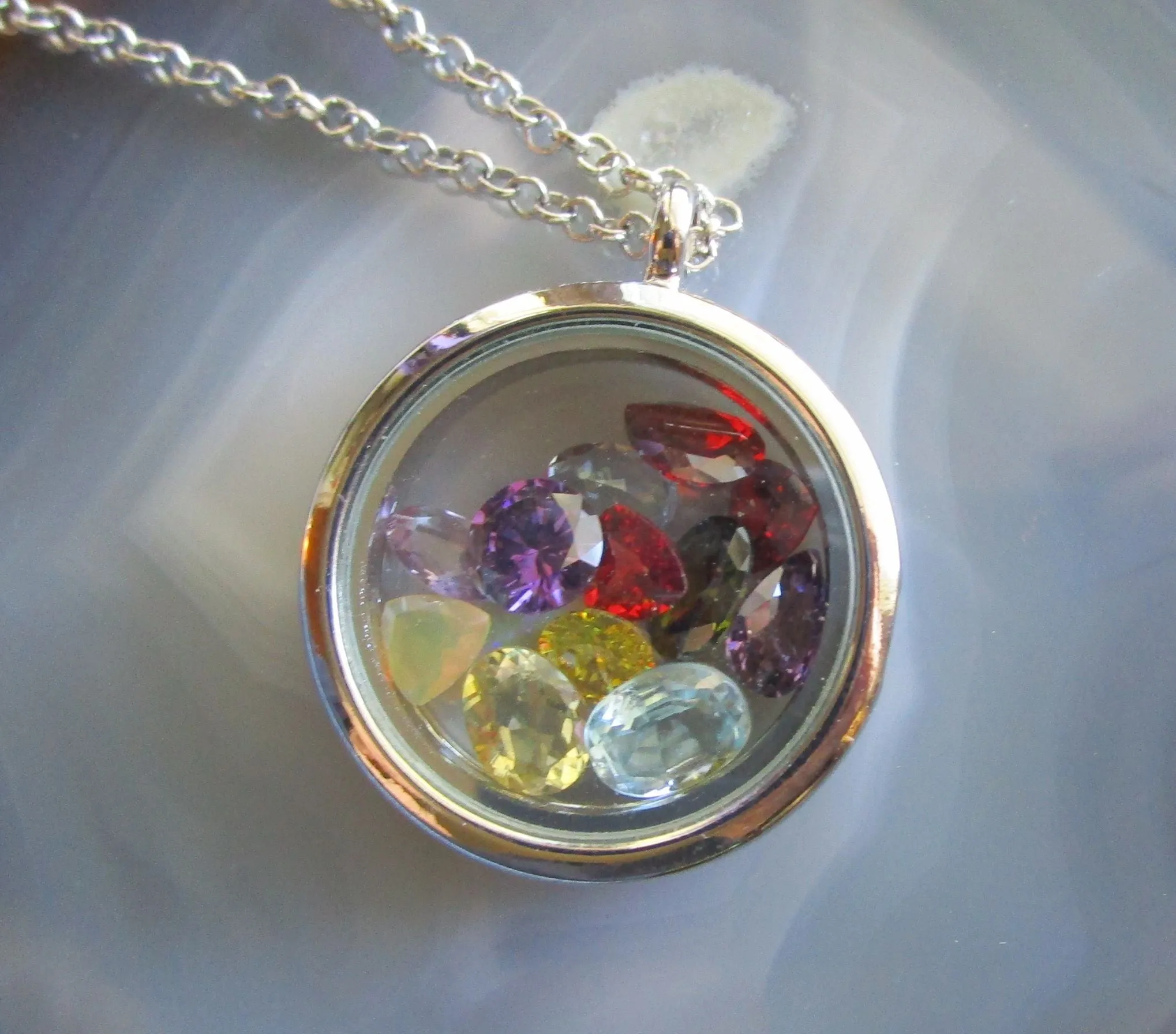 Rainbow Gemstones Double Sided Floating Locket Pendant Necklace