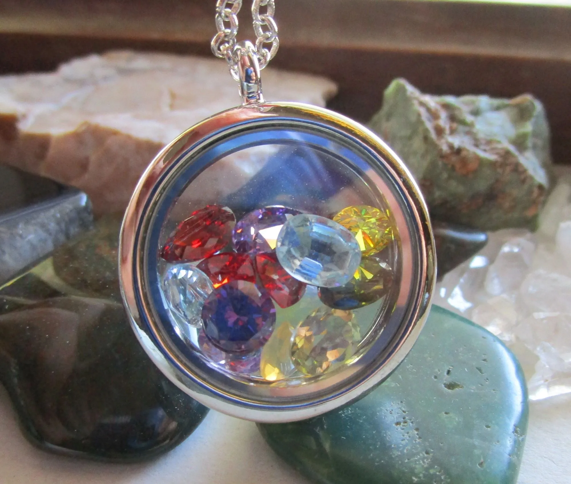 Rainbow Gemstones Double Sided Floating Locket Pendant Necklace