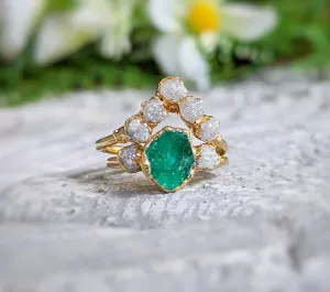 Raw Emerald and diamond Chevron bridal ring set