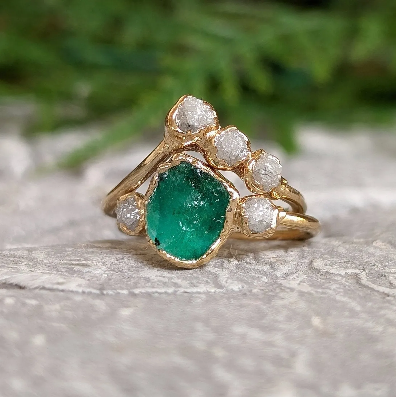 Raw Emerald and rough diamond Chevron wedding ring set