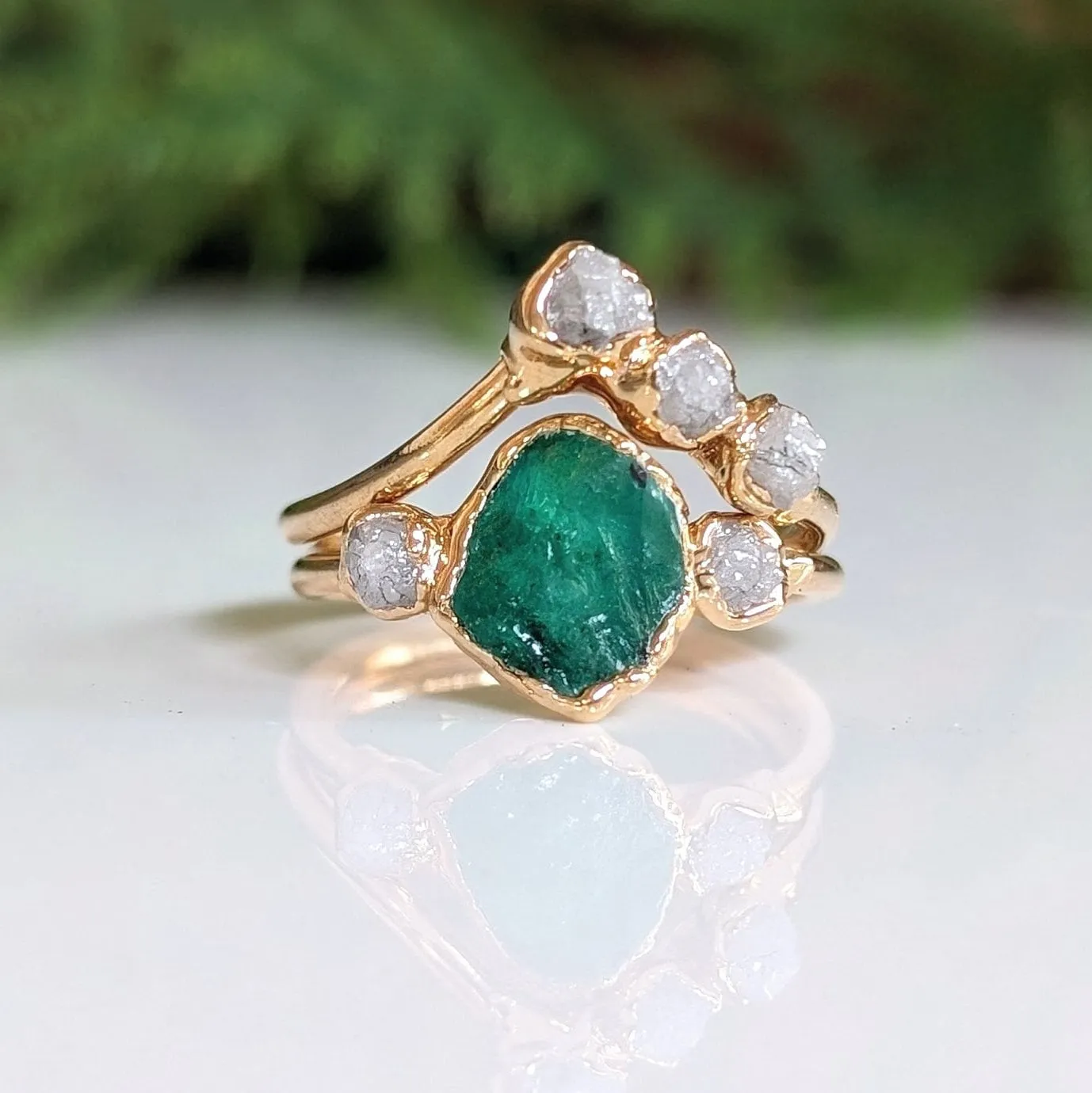 Raw Emerald and rough diamond Chevron wedding ring set