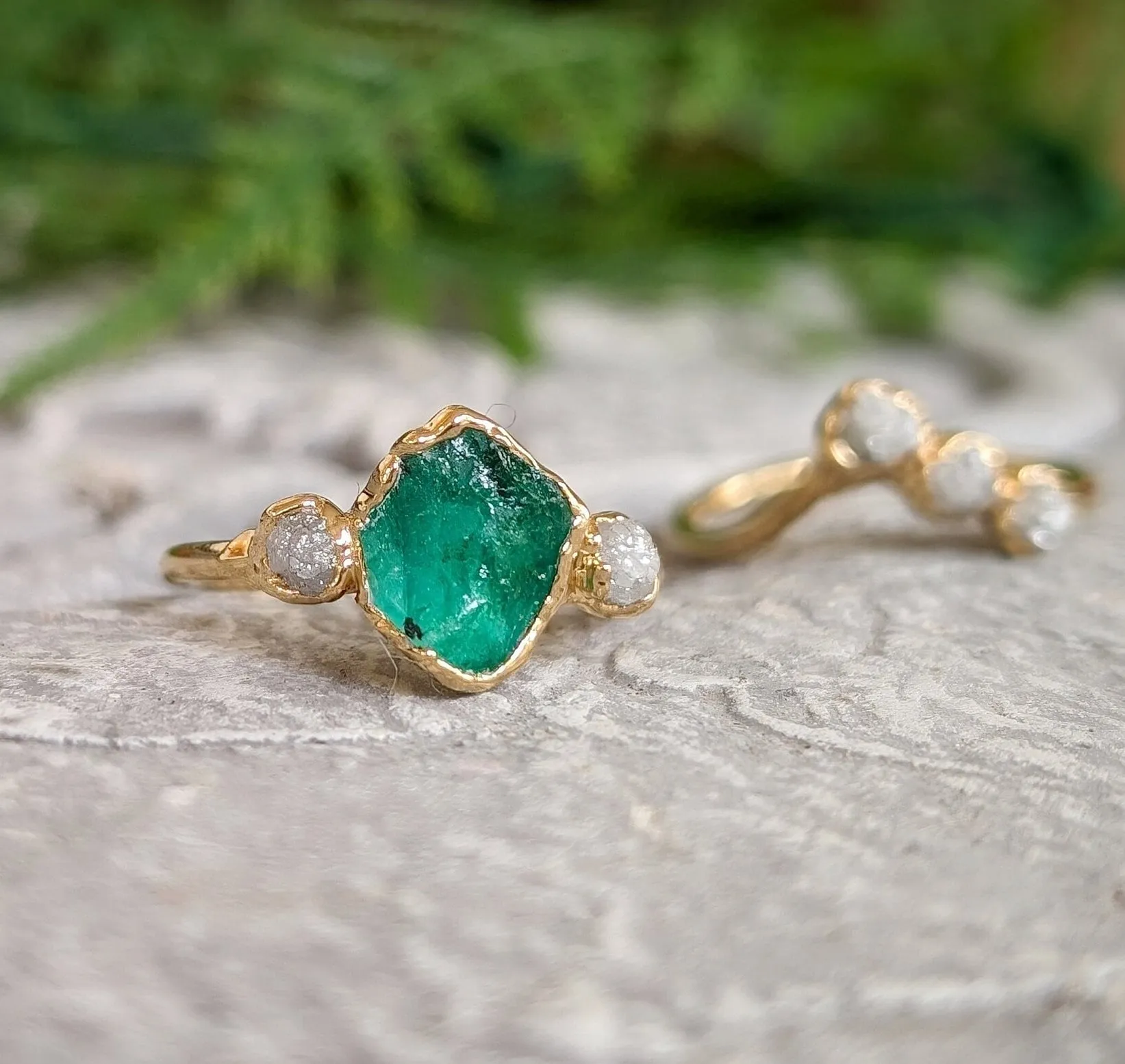 Raw Emerald and rough diamond Chevron wedding ring set