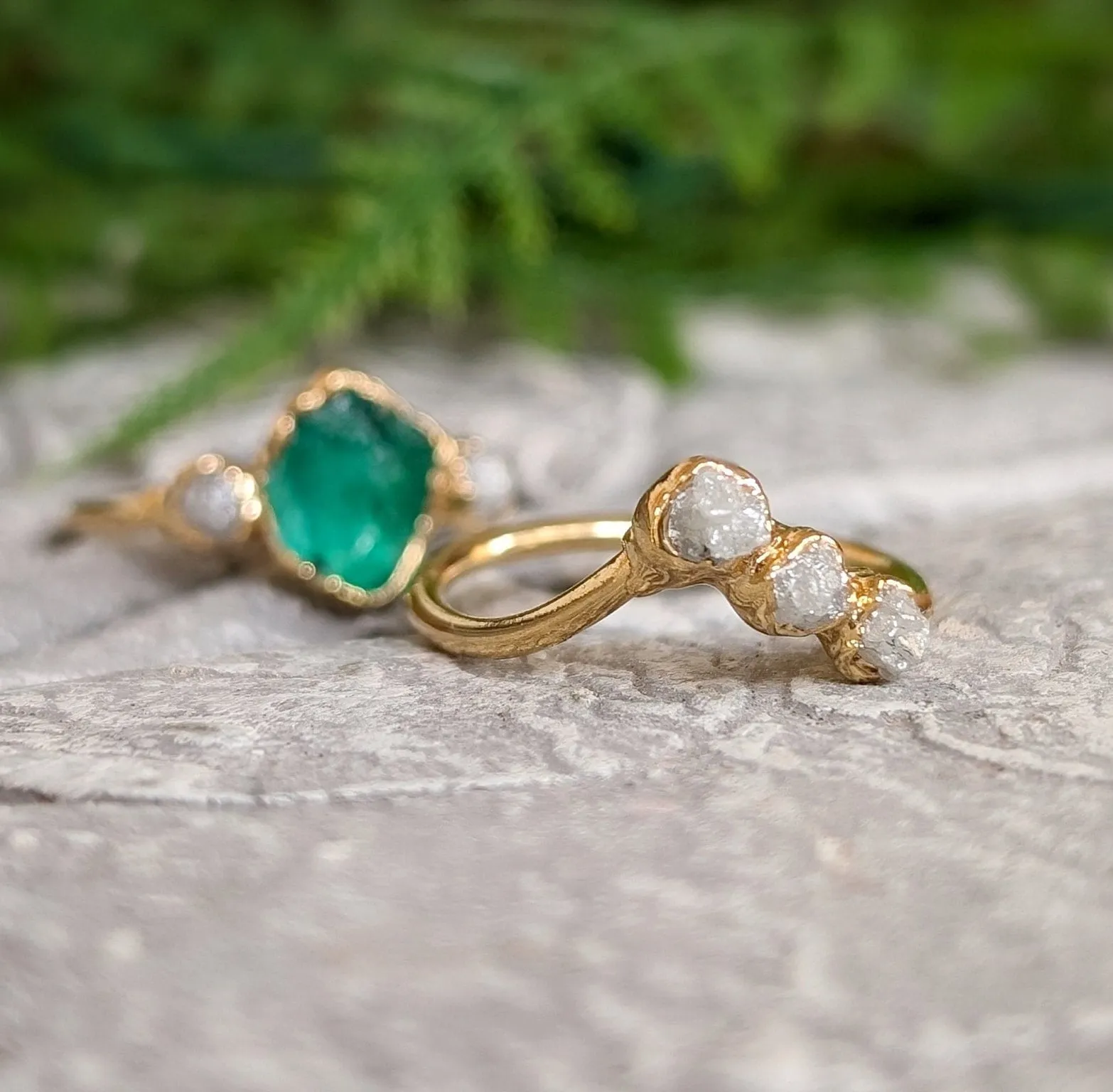 Raw Emerald and rough diamond Chevron wedding ring set