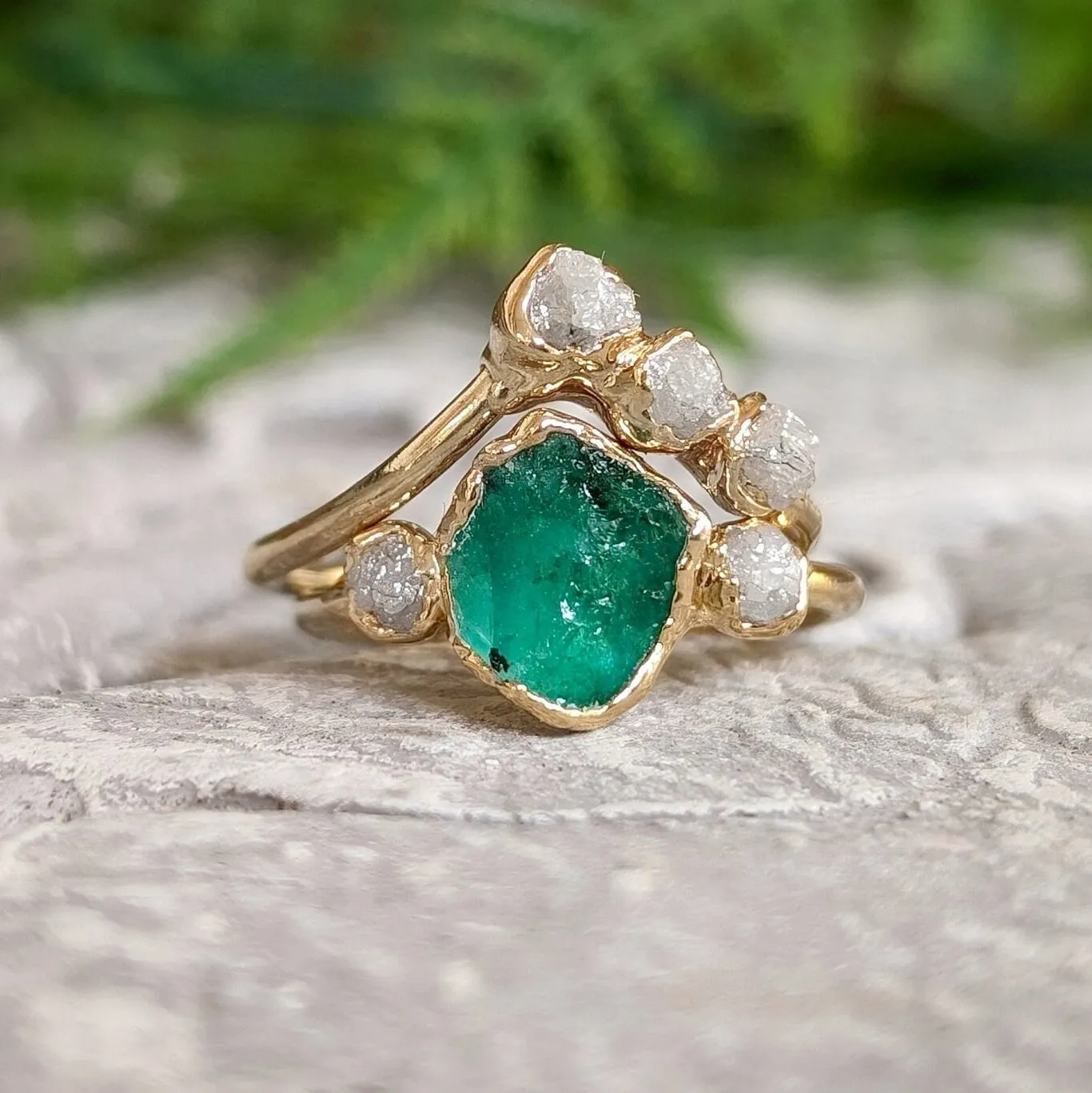 Raw Emerald and rough diamond Chevron wedding ring set