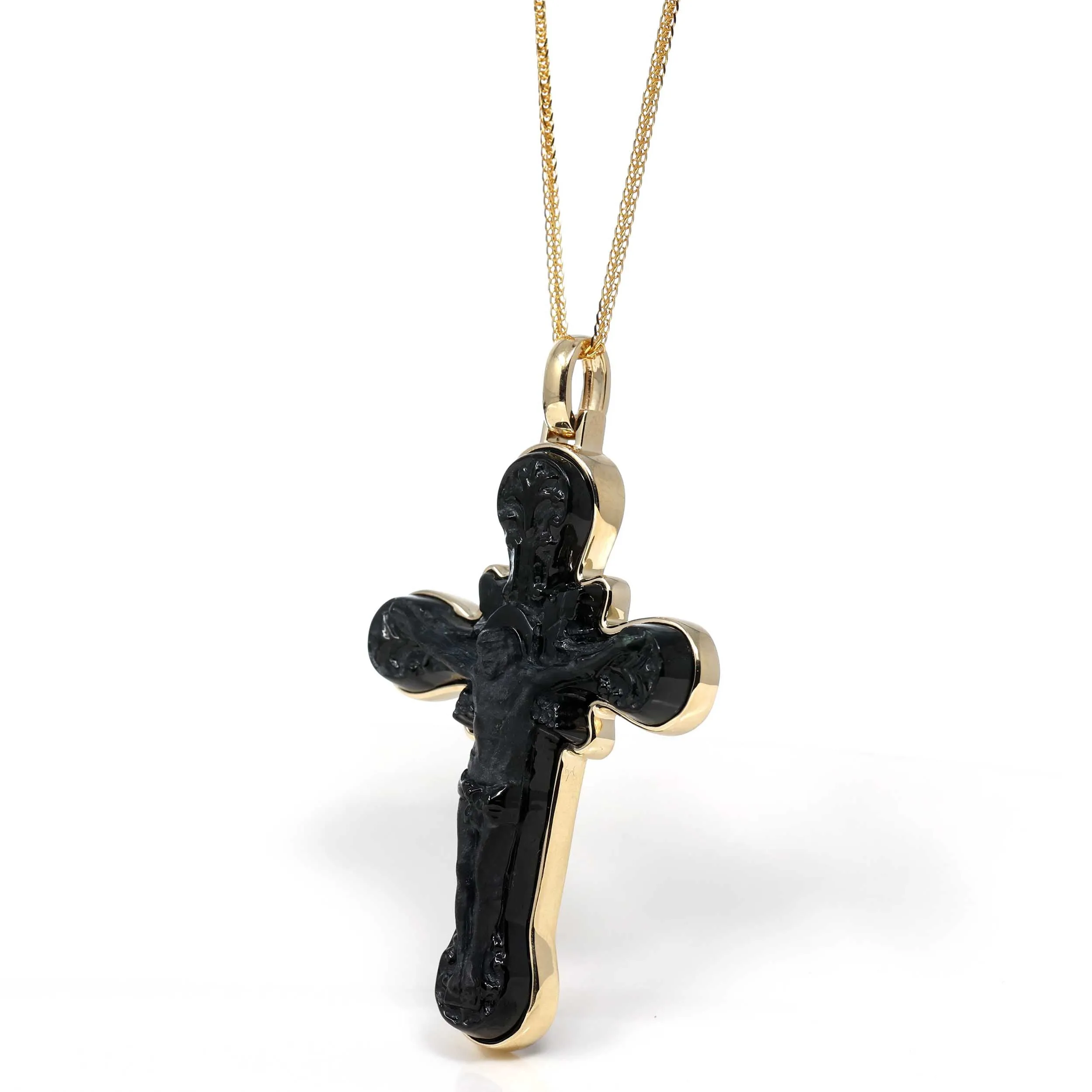 RealJade® 14K Yellow Gold & Black Nephrite Jade Crucifix Pendant