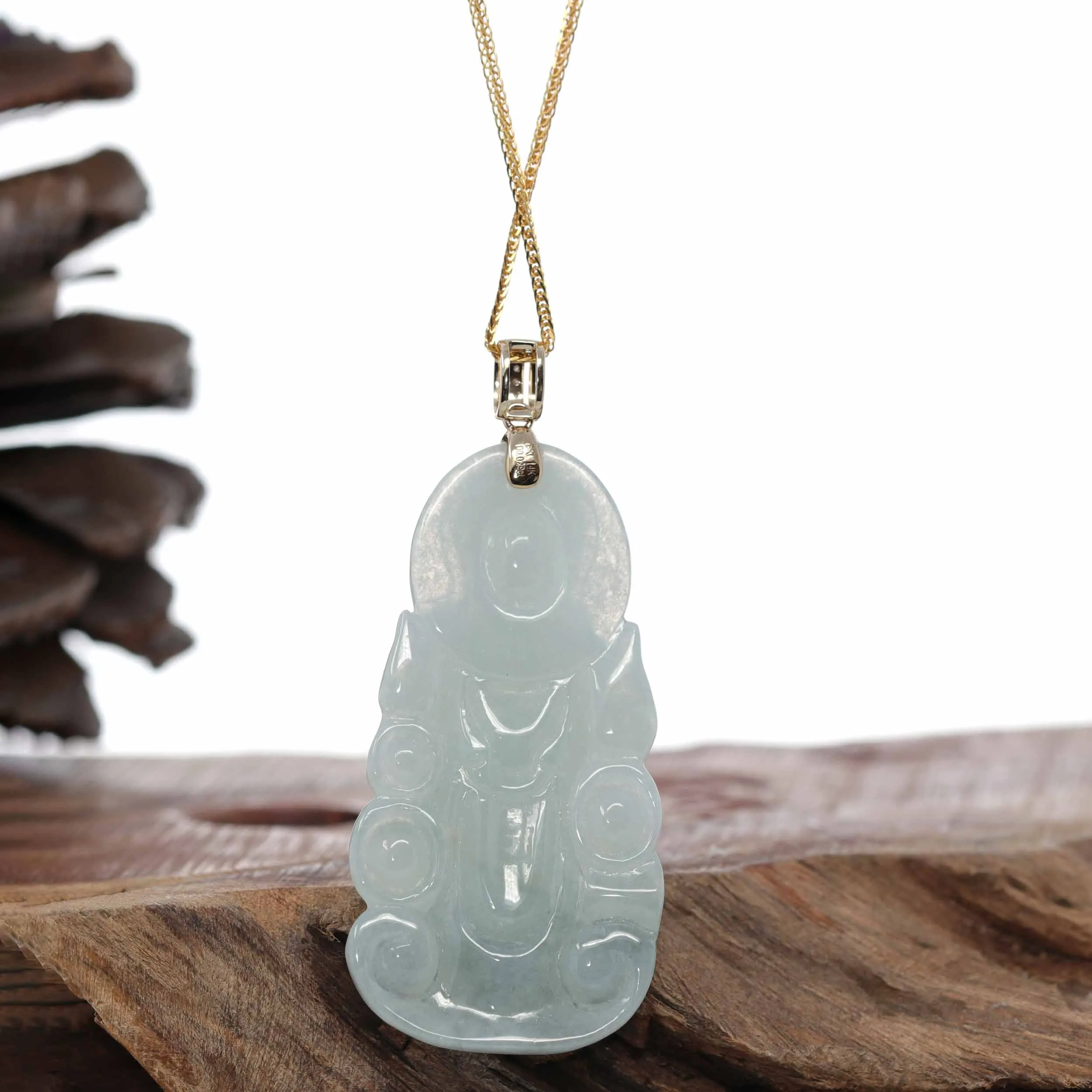 RealJade® 14k Yellow Gold "Goddess of Compassion" Genuine Ice Burmese Jadeite Jade Guanyin Necklace With Gold Bail