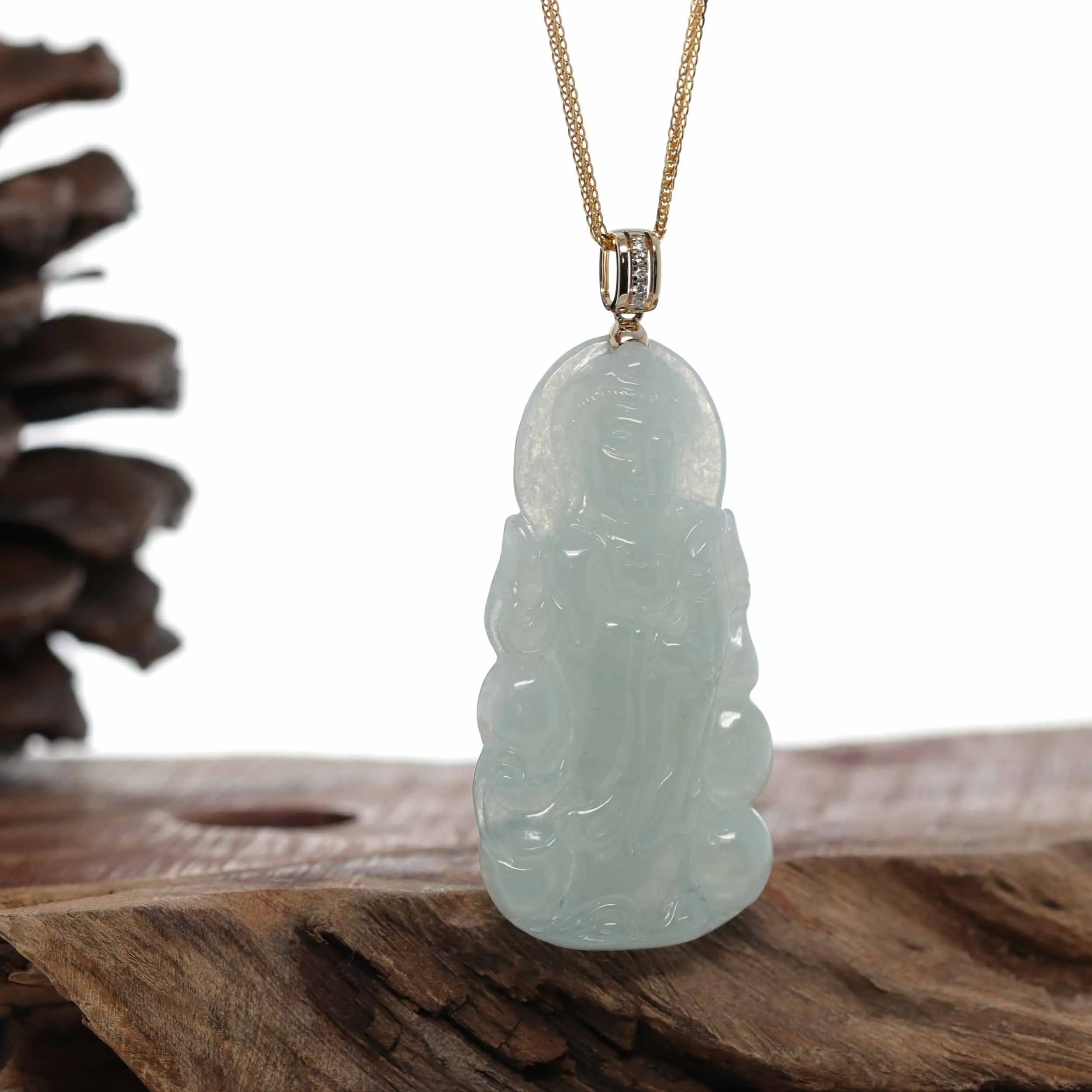 RealJade® 14k Yellow Gold "Goddess of Compassion" Genuine Ice Burmese Jadeite Jade Guanyin Necklace With Gold Bail