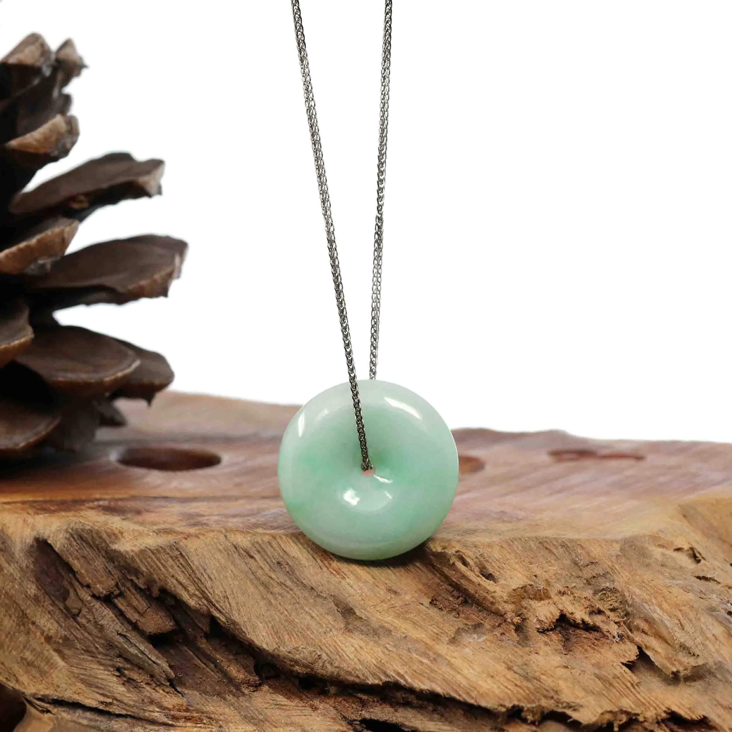 RealJade Co.® "Good Luck Button" Necklace White Green Jadeite Jade Lucky Ping An Kou Pendant