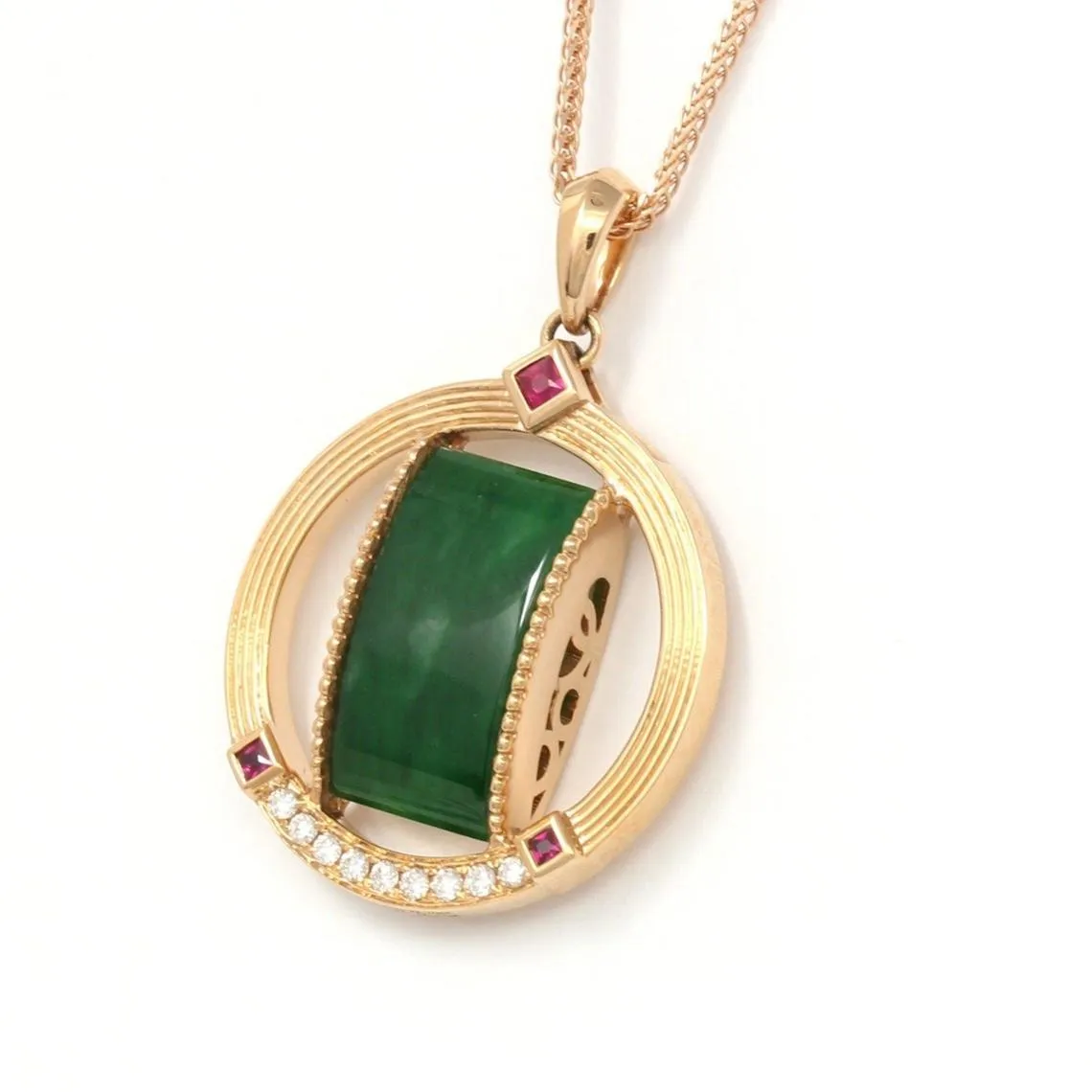 RealJade® "Fashion Jadeite" 18k Rose Gold Genuine Burmese Jadeite Pendant Necklace With Diamond & Ruby