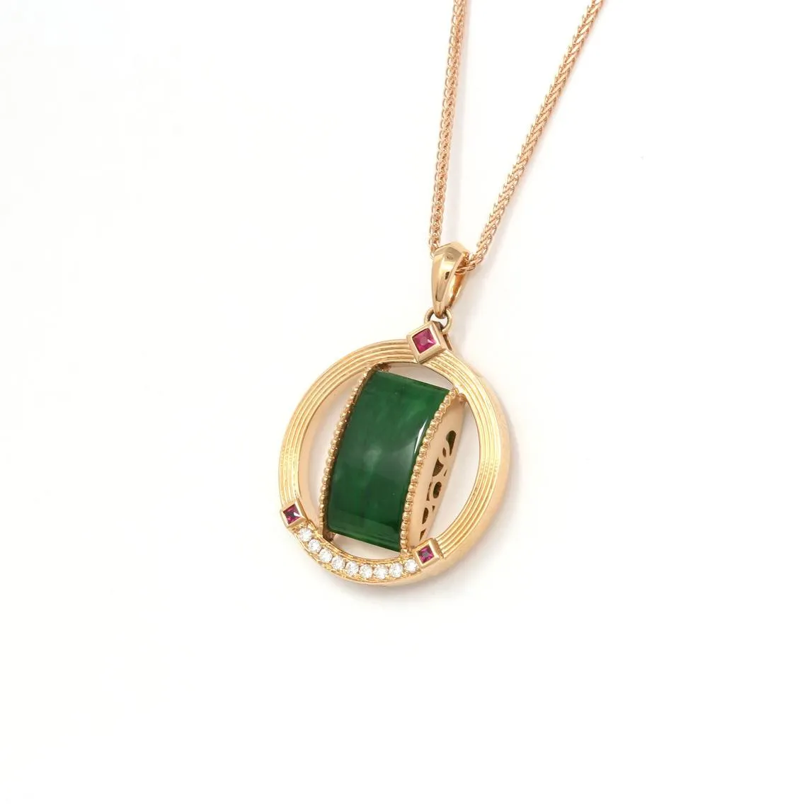 RealJade® "Fashion Jadeite" 18k Rose Gold Genuine Burmese Jadeite Pendant Necklace With Diamond & Ruby