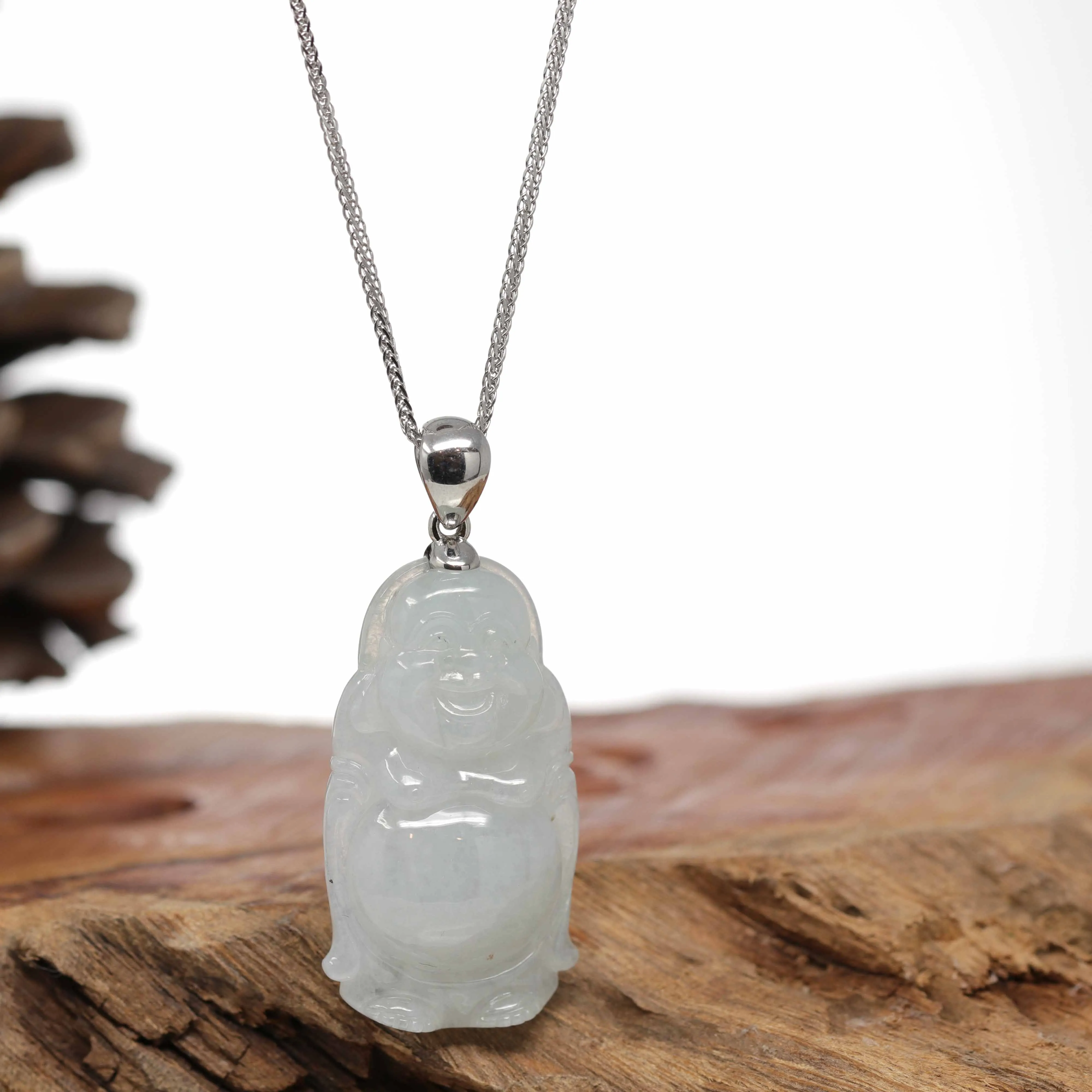 RealJade® "Laughing Buddha" Genuine Lavender Jadeite Buddha Pendant Necklace With Silver  Bail