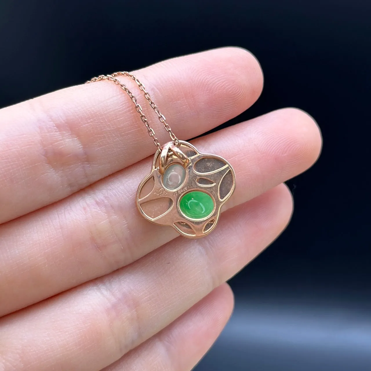 RealJade "Lucky 4 leaf clover" 14k Rose Gold & Genuine Burmese Imperial & Ice Jadeite Pendant Necklace