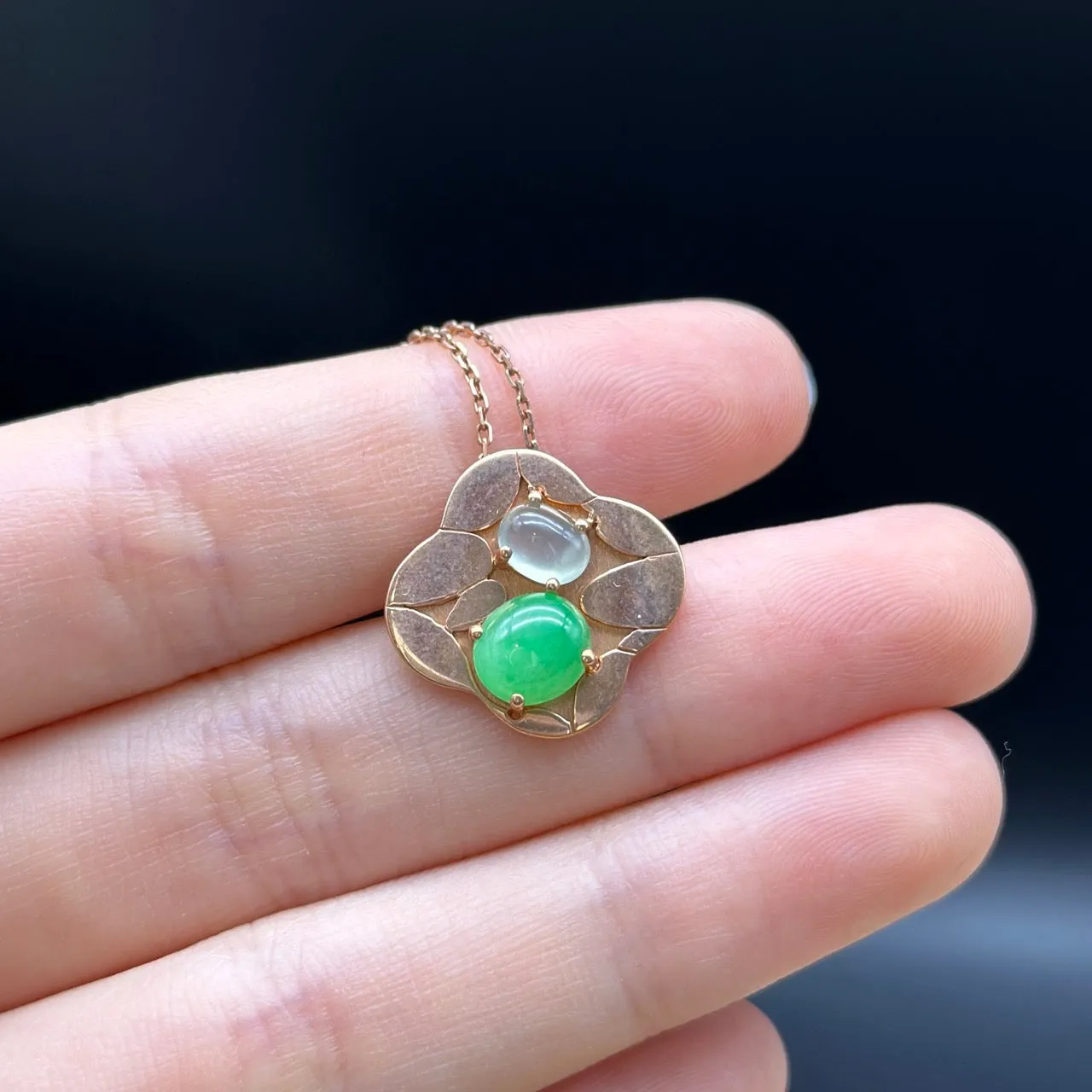 RealJade "Lucky 4 leaf clover" 14k Rose Gold & Genuine Burmese Imperial & Ice Jadeite Pendant Necklace