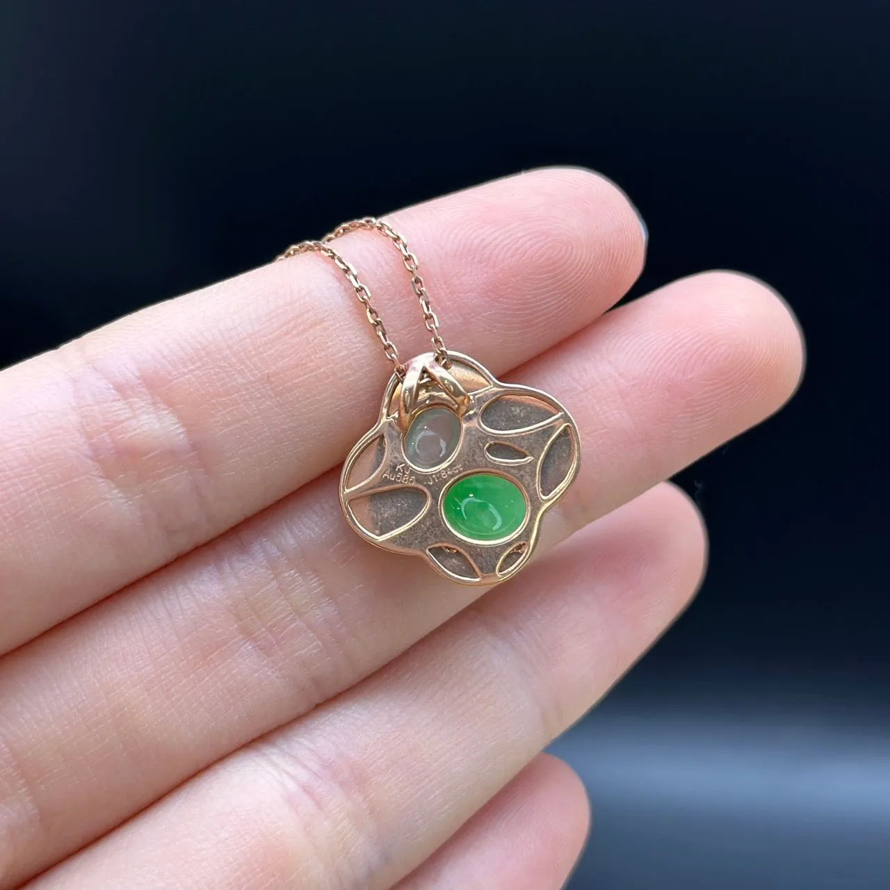 RealJade "Lucky 4 leaf clover" 14k Rose Gold & Genuine Burmese Imperial & Ice Jadeite Pendant Necklace