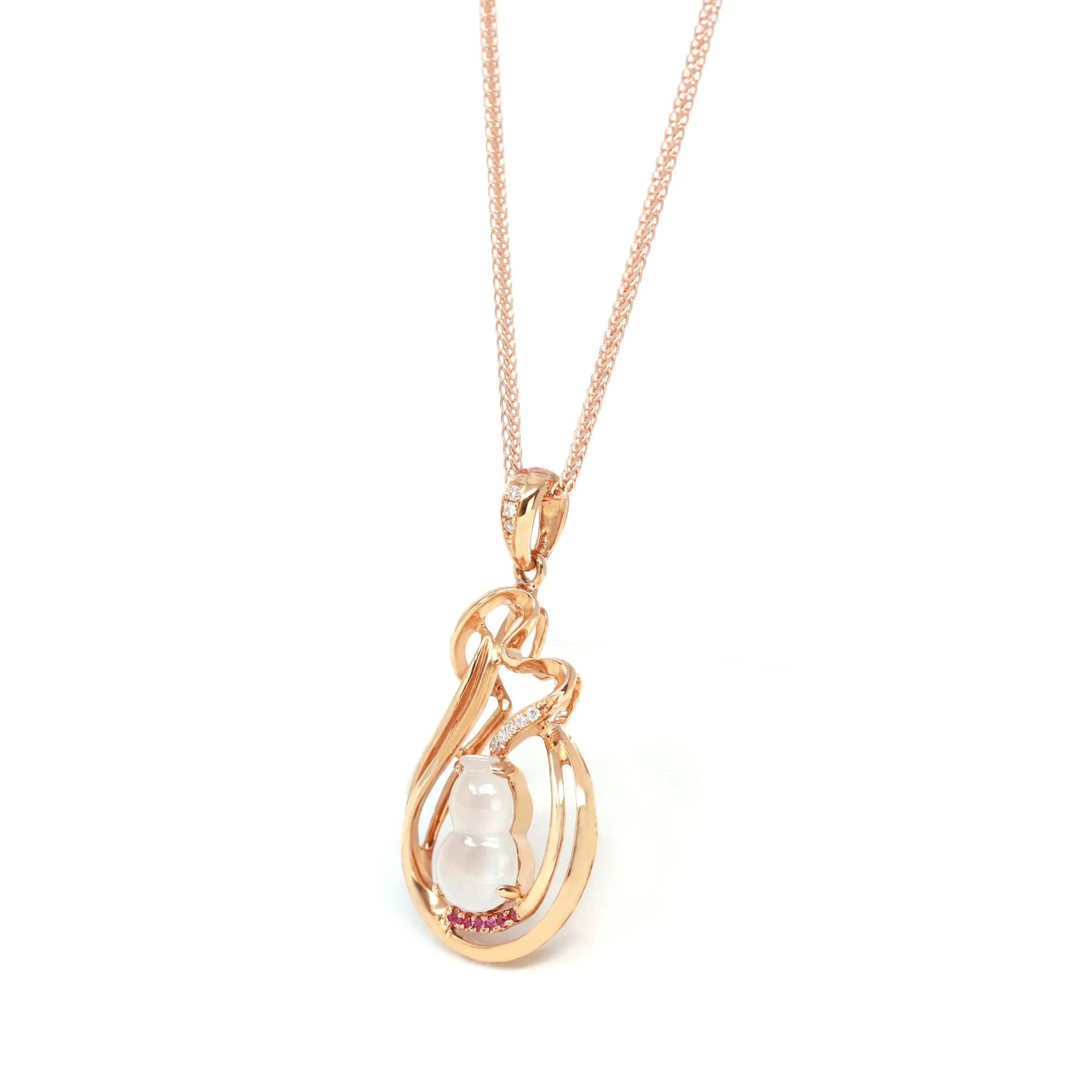 RealJade® "Lucky Gourd" 18k Rose Gold Ice Jadeite Jade Diamond Pendant Necklace