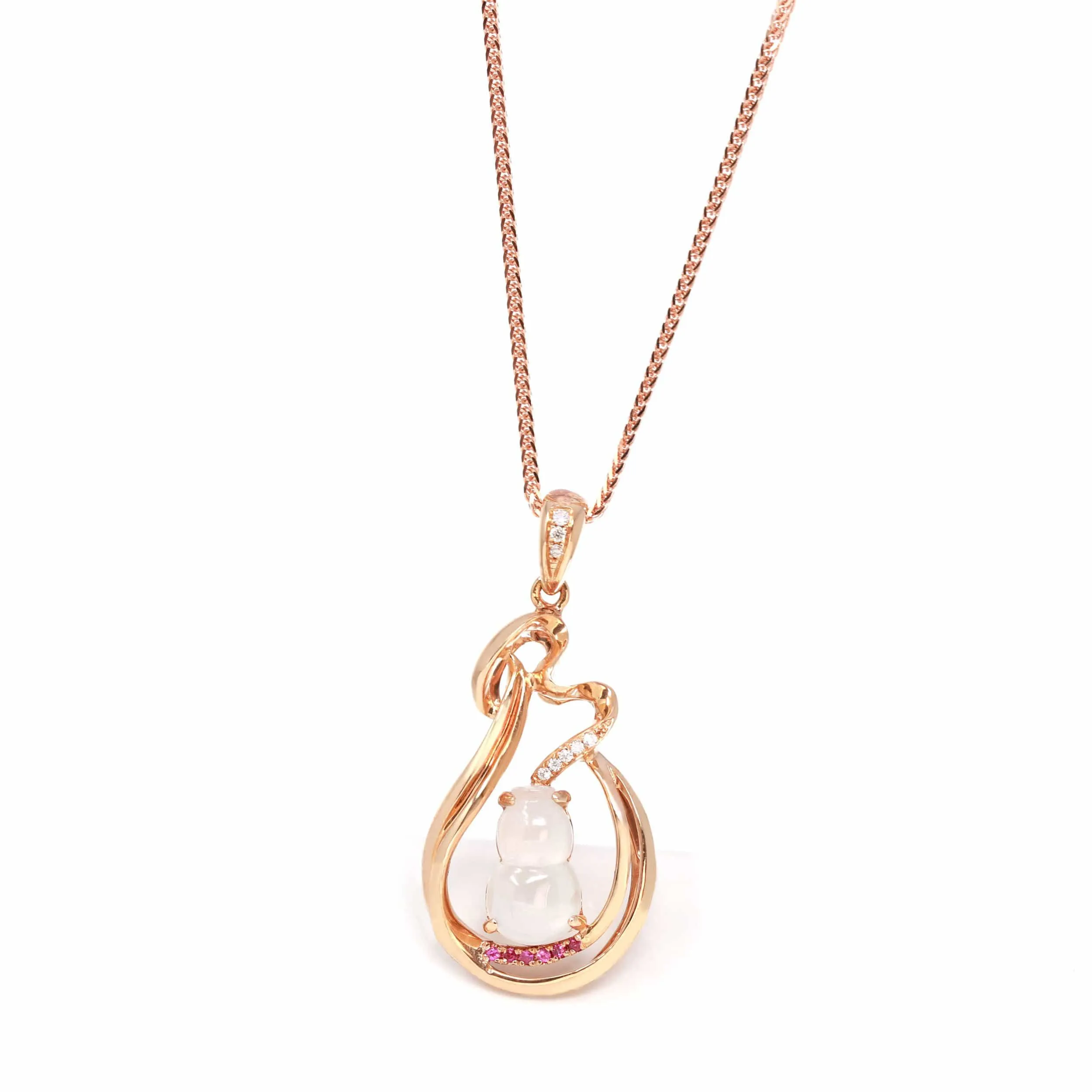 RealJade® "Lucky Gourd" 18k Rose Gold Ice Jadeite Jade Diamond Pendant Necklace