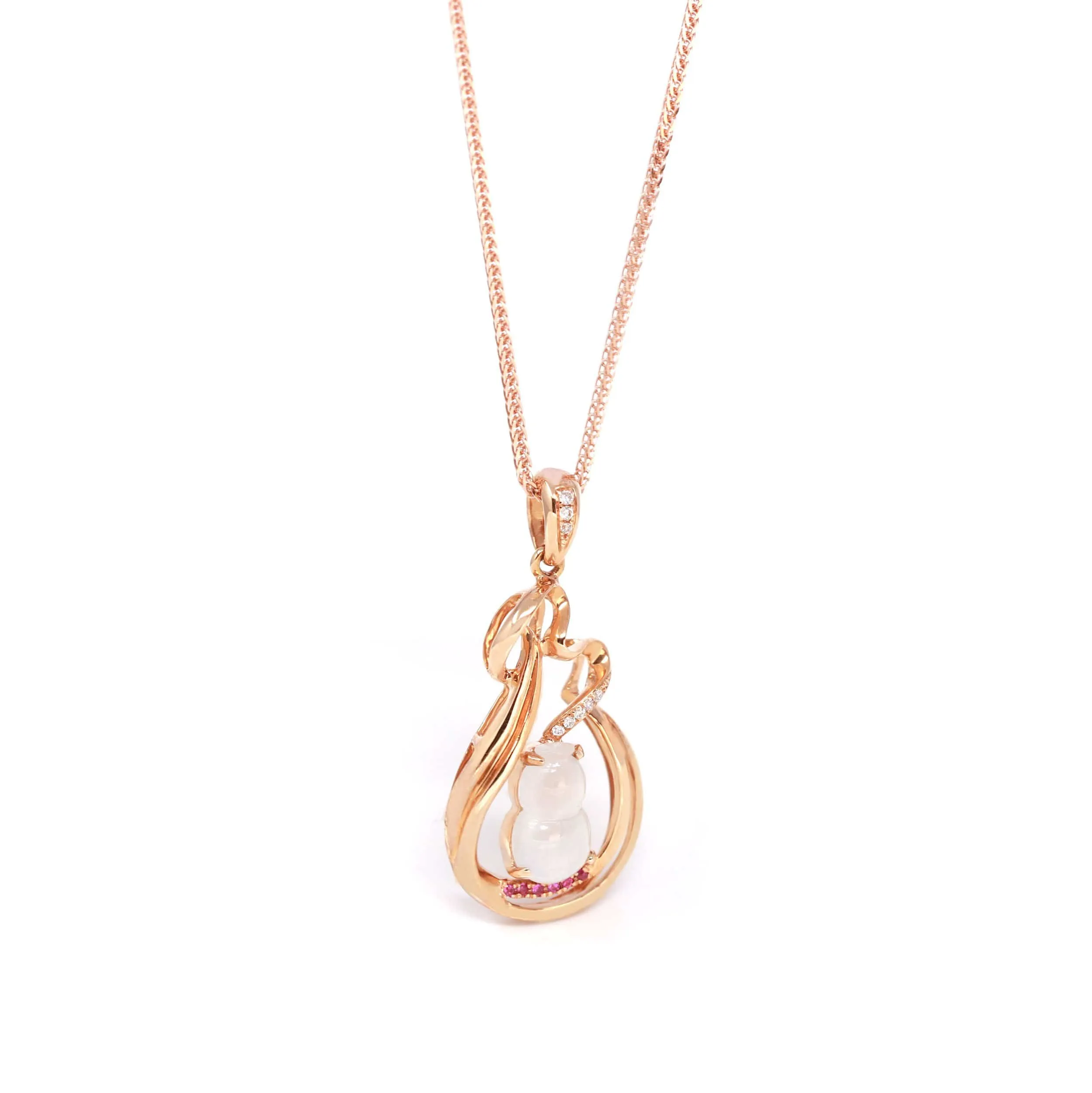 RealJade® "Lucky Gourd" 18k Rose Gold Ice Jadeite Jade Diamond Pendant Necklace